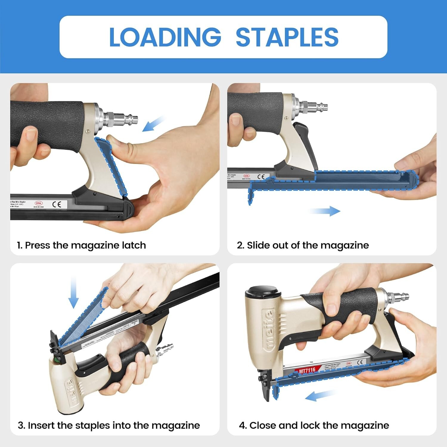 meite MT7116 22GA 3/8” Crown Pneumatic Fine Wire Upholstery Stapler with Staple