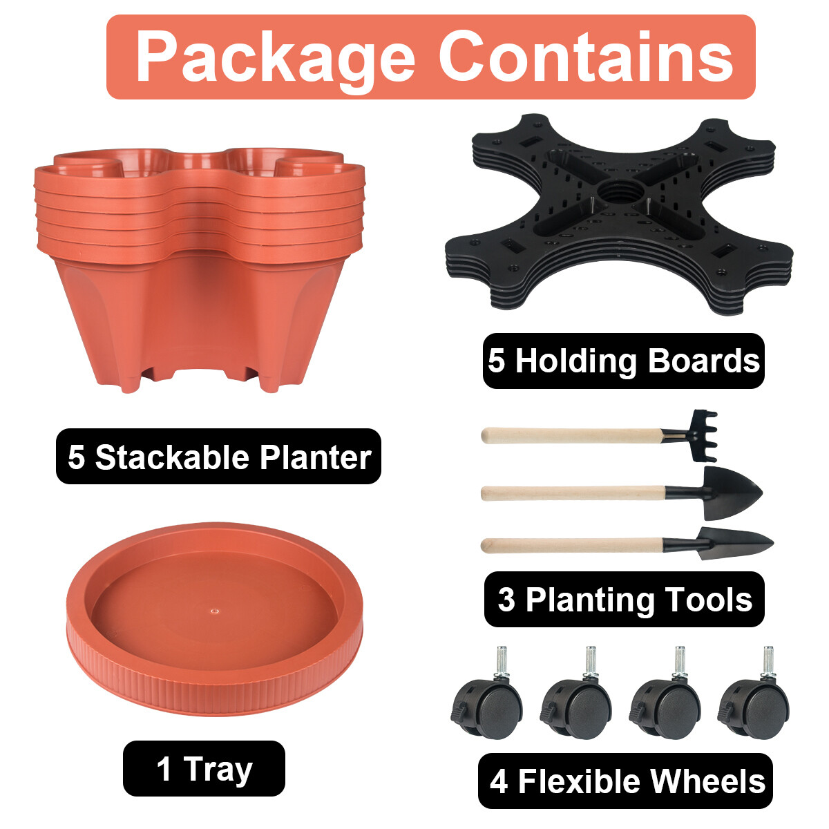 Vertical Planter 3-7 Tier Stackable Planters w/ Wheels & Tools Garden Tower Pot