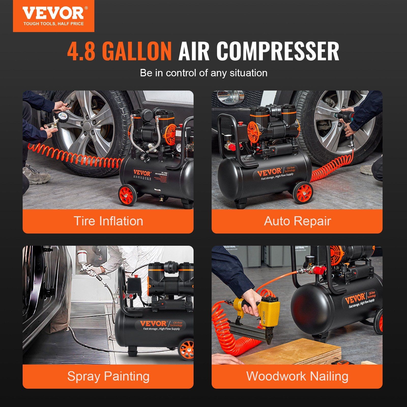 4.8gal 900W 2.2CFM@90PSI 70dB Ultra Quiet Oil-Free Air Compressor