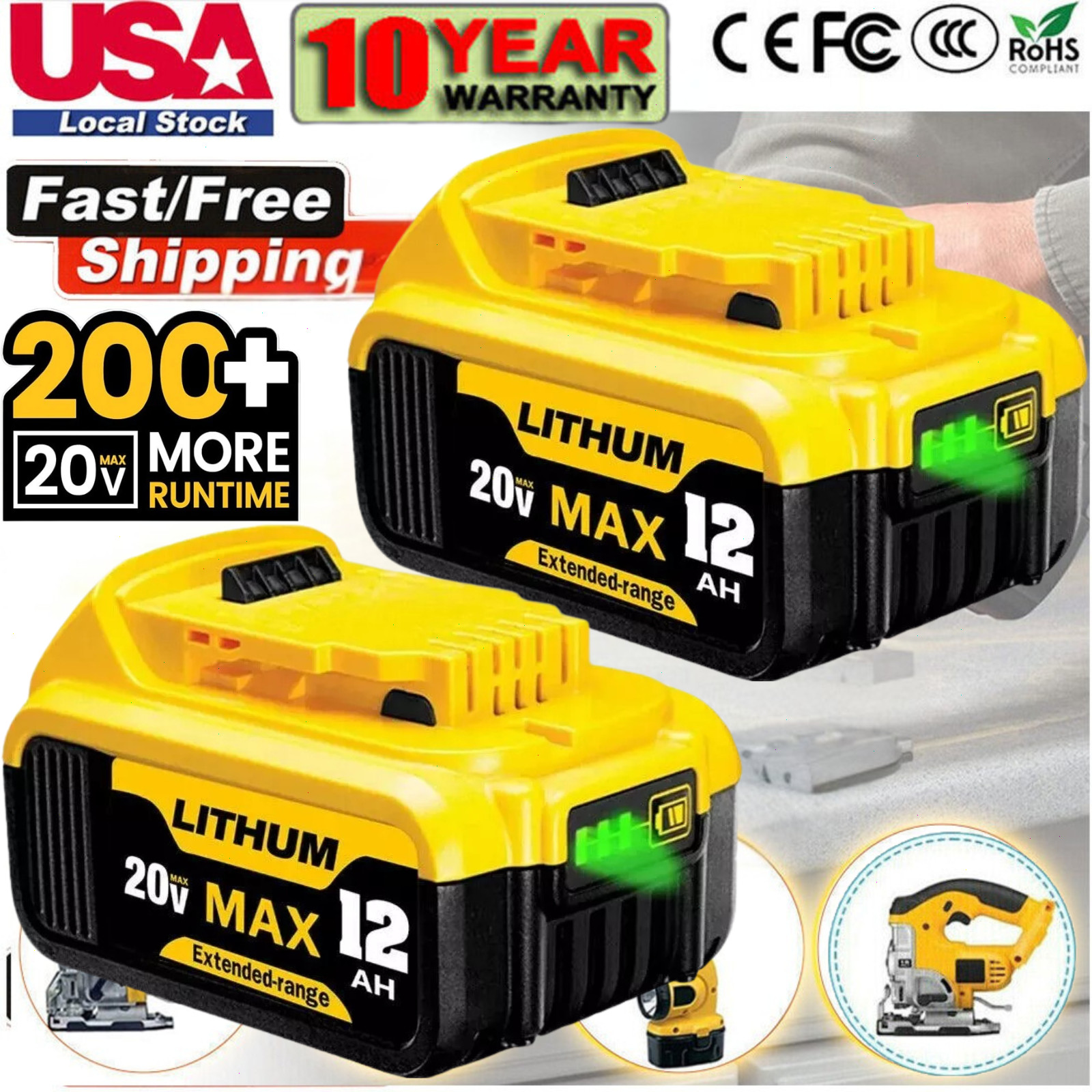 2Pack 12.0AH For DeWalt 20V 20 Volt Max XR Lithium Ion Battery DCB206-2 DCB205-2