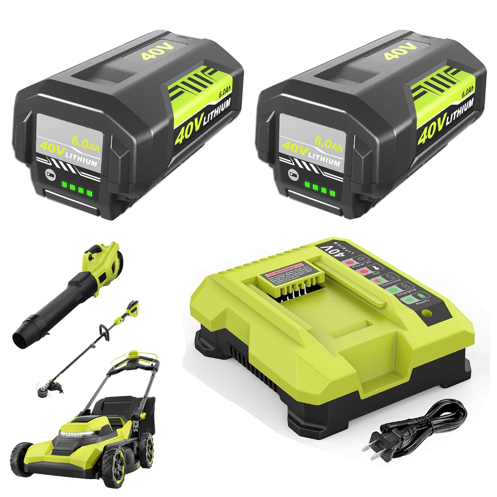 2 Pack 40V 6.0Ah Lithium Battery & Rapid Charger Kit for Ryobi 40 Volt Batteries