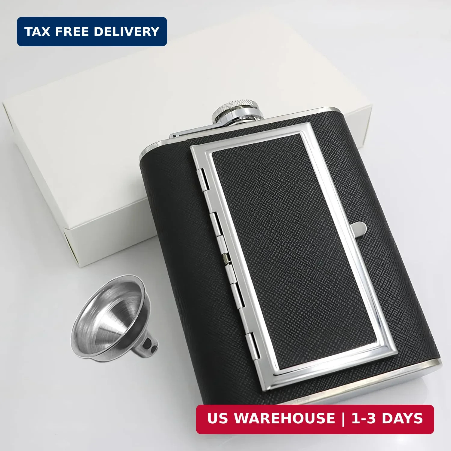 6oz/180ml Black Leather Wrapped Hip Flask with Built-in Cigarette Case & Funnel