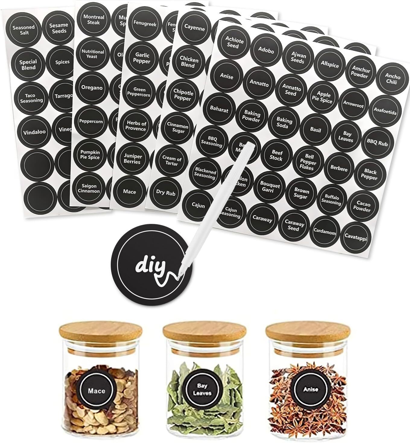 180 Spice Jar Labels – Chalkboard Stickers, Preprinted and Blank – 1.5 in