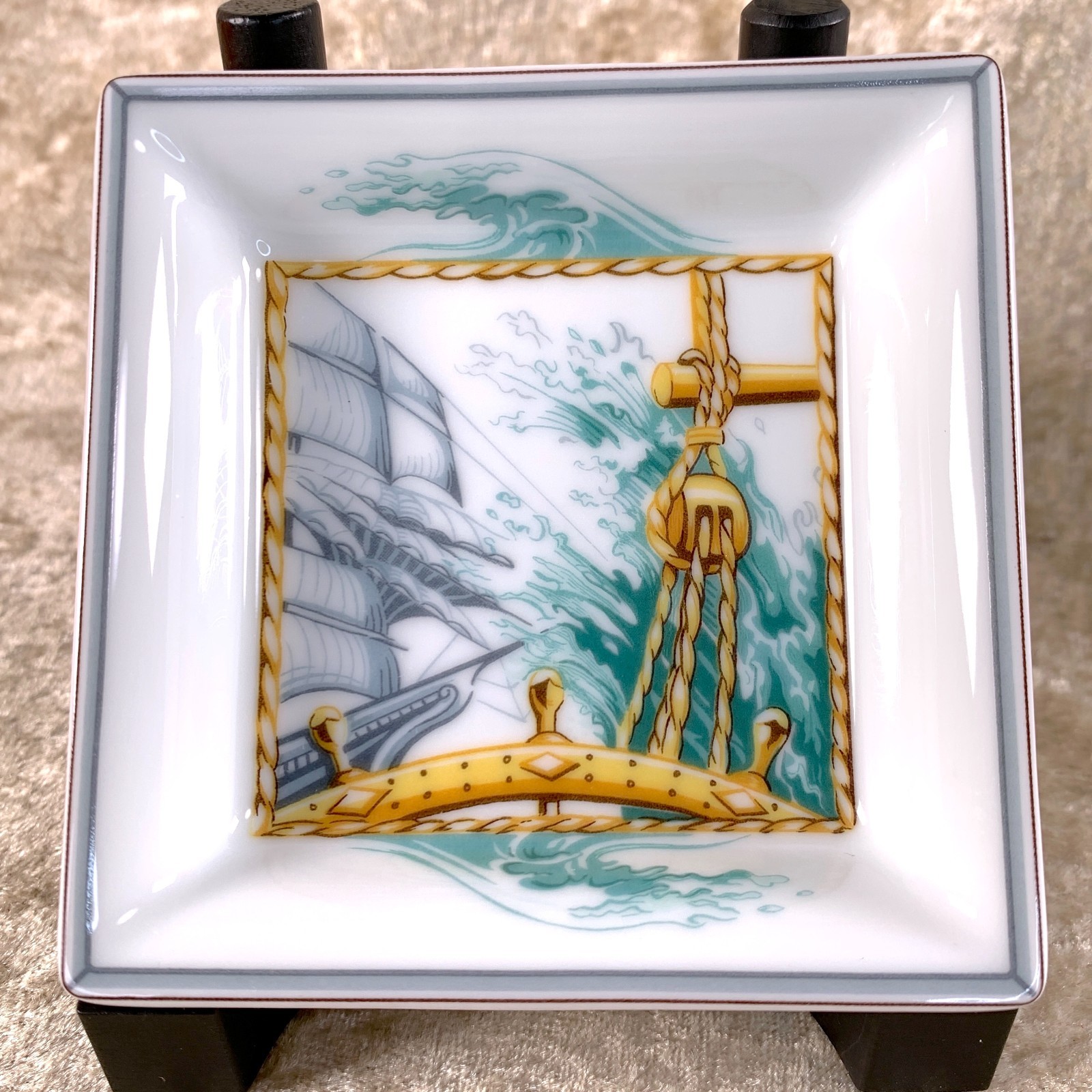 Hermes Mini Change Tray Porcelain Ashtray Patchwork 8x8cm Set of 2 with Case