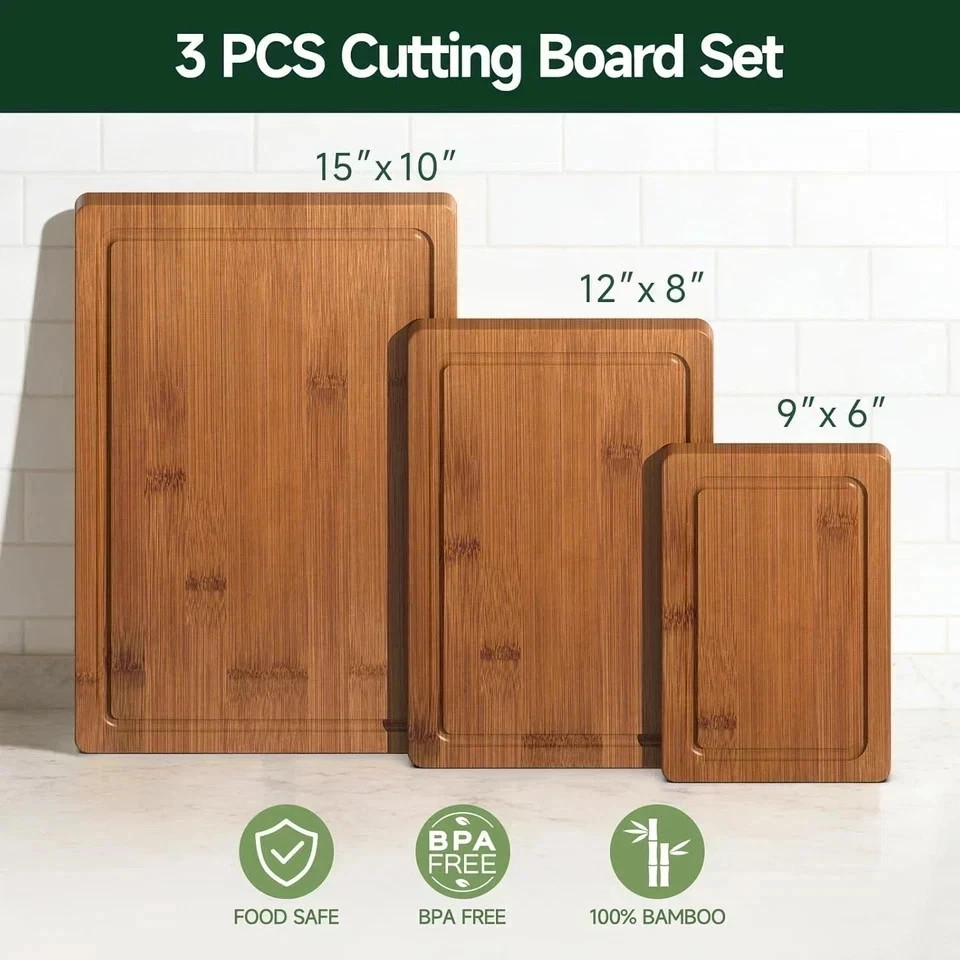 Cutting Board Bamboo for Kitchen Crack Resistant Wood Chopping Boards Set 3Piece