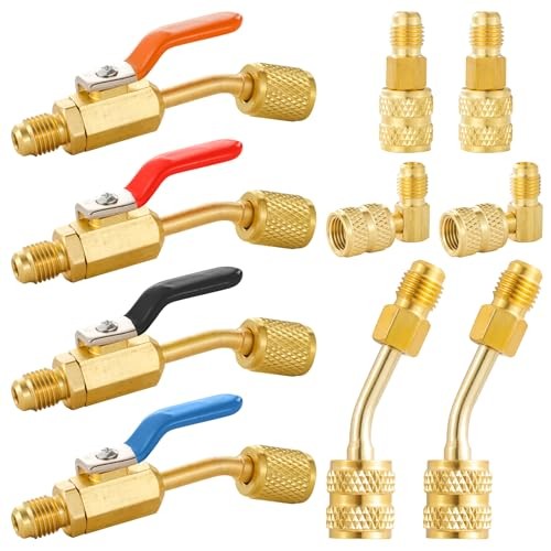 AC Refrigerant Angled Compact Ball Valve Set, 4 Ball Valve + 6PC R410A Adapter