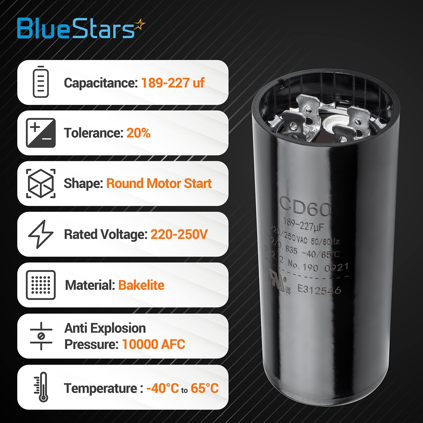 [UL Listed] BlueStars 189-227 uF MFD 220-250 VAC Volts Round Start Capacitor…