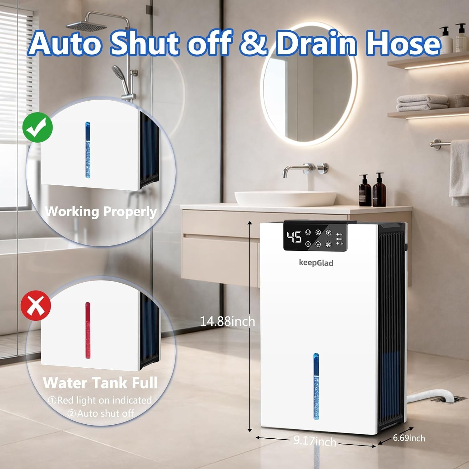 KeepGlad Smart Dehumidifier Tower White Digital Display Quiet Water Window