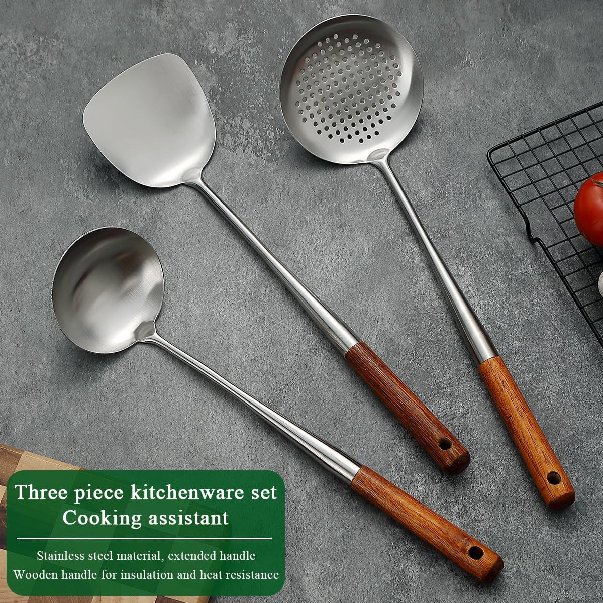 Wok Spatula Set 17″, Heat Resistant Wood Handle Stainless Steel Wok Tools, Ladle