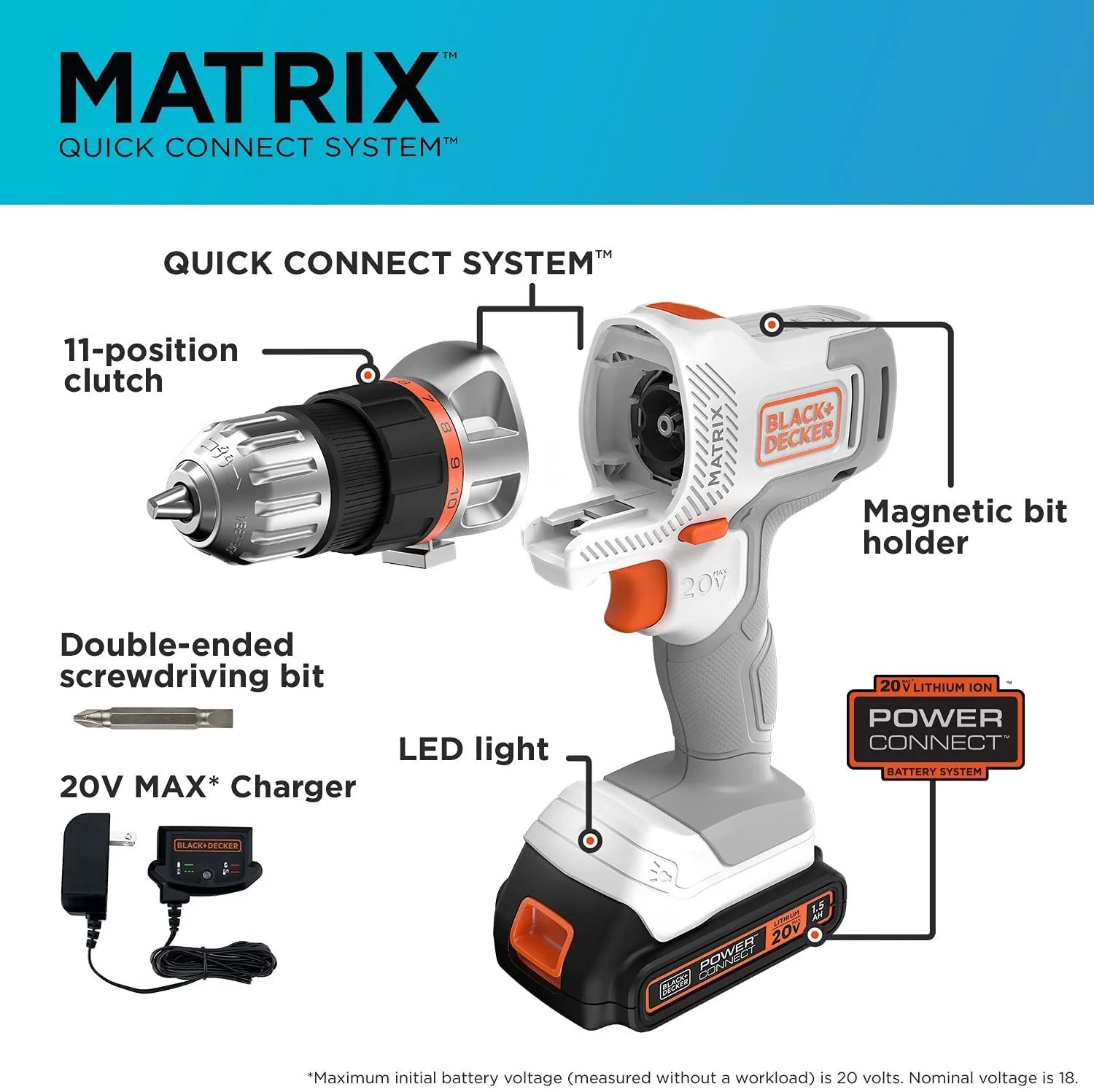 BLACK+DECKER 20V MAX Matrix Cordless Drill/Driver Kit, White – BDCDMT120WC1FF
