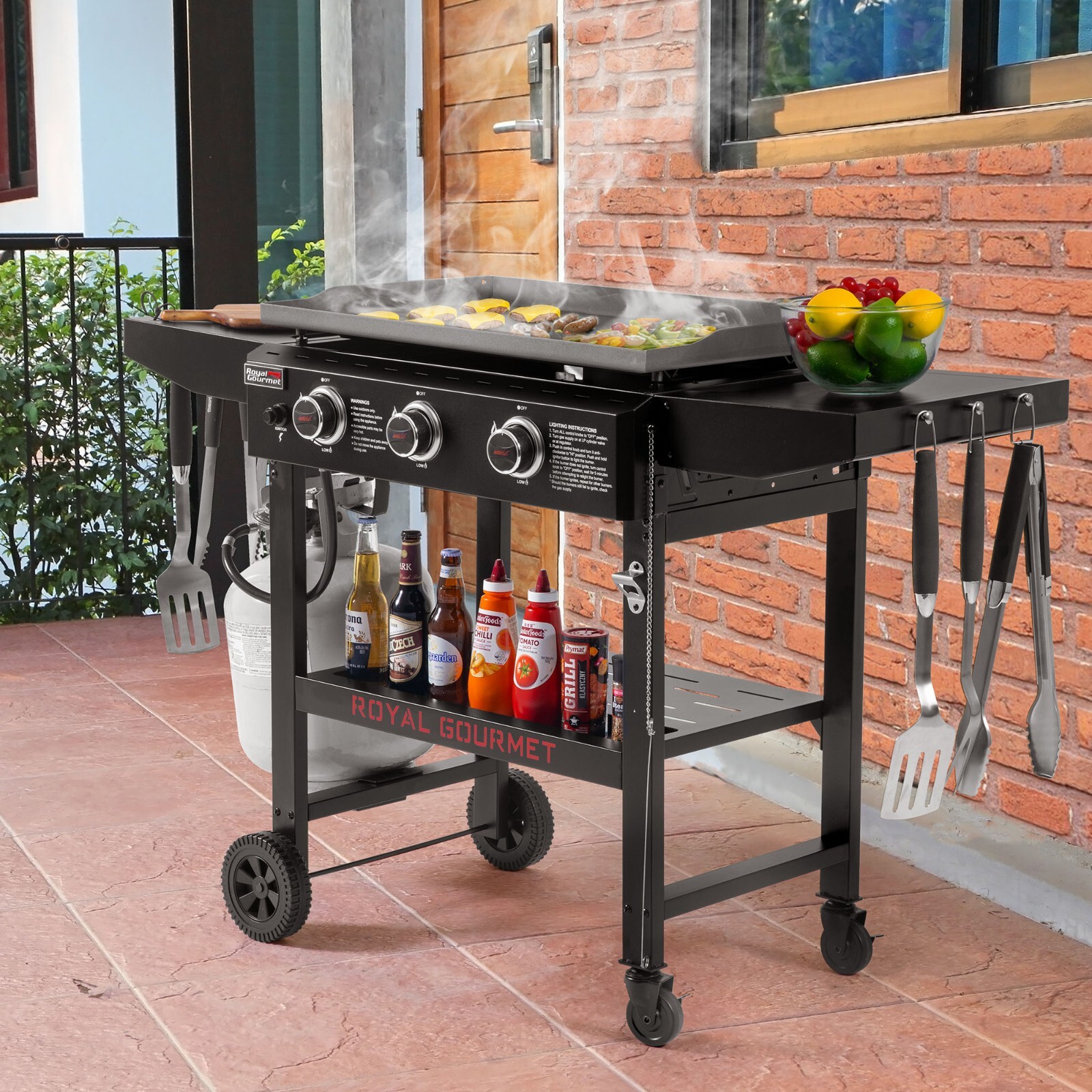 Royal Gourmet 28-Inch 3-Burner Propane Gas Griddle with Collapsible Side Shelves