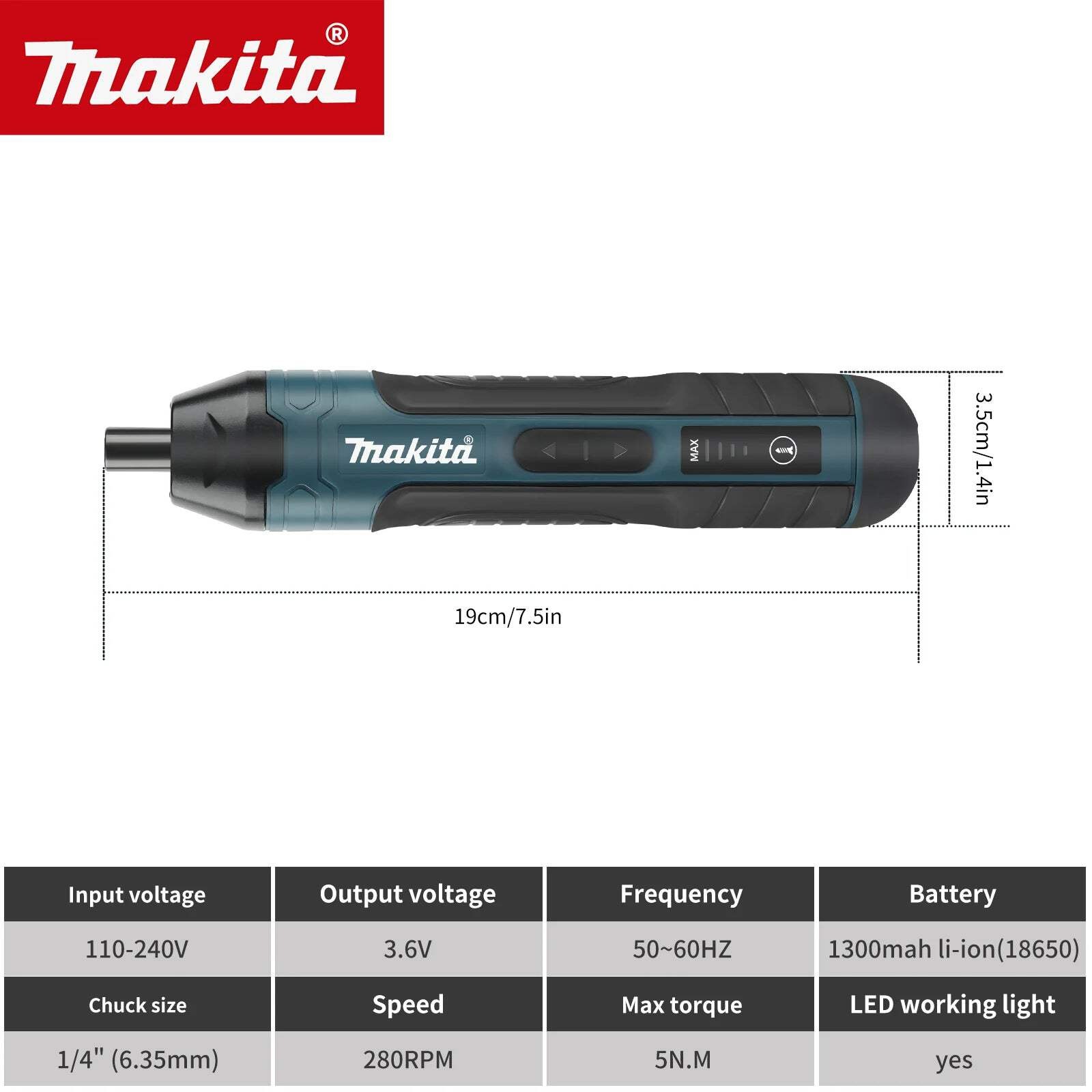 Makita Cordless Electric Screwdriver | 3.6V 5N.m Torque | 1/4″ Chuck | 1300mAh L