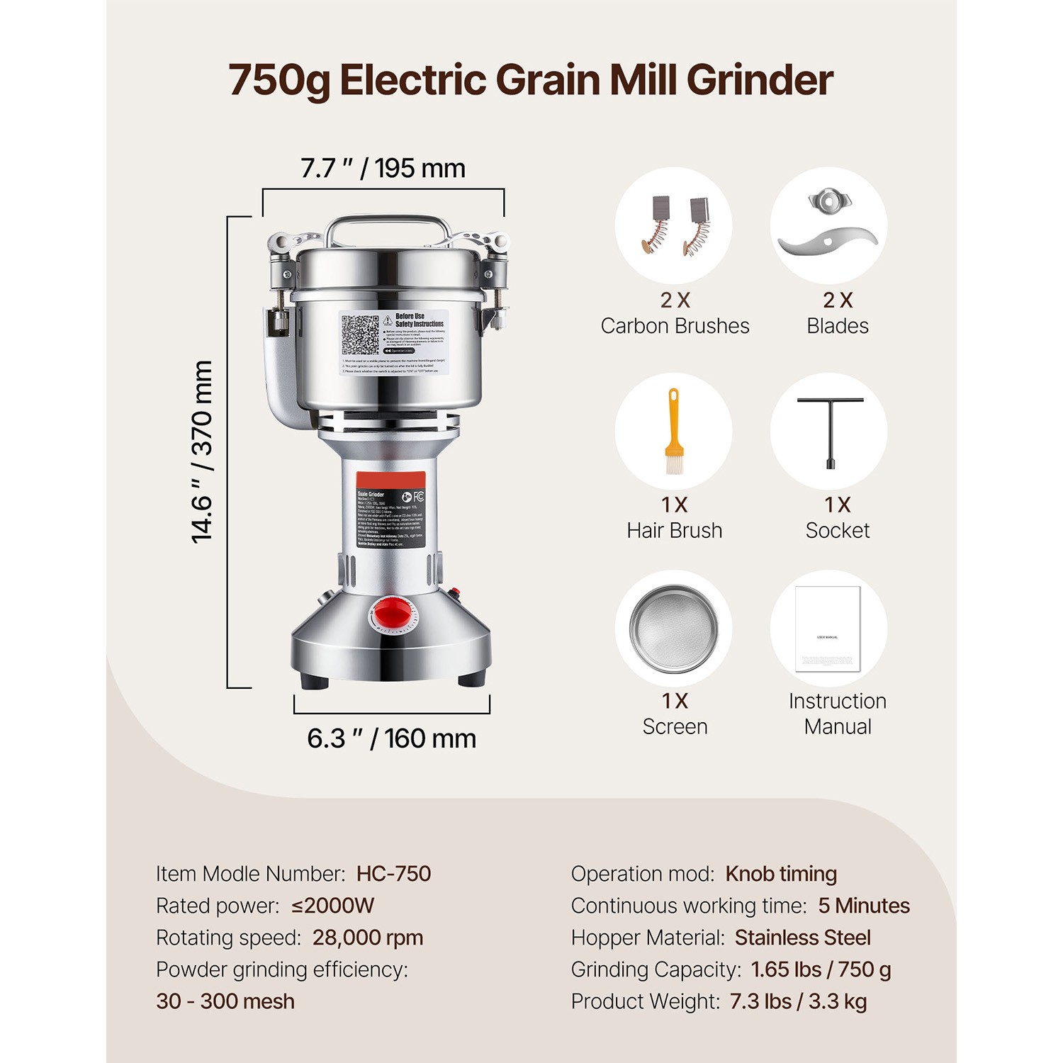VEVOR 750g Commercial Spice Grinder Electric Grain Mill Grinder High Speed