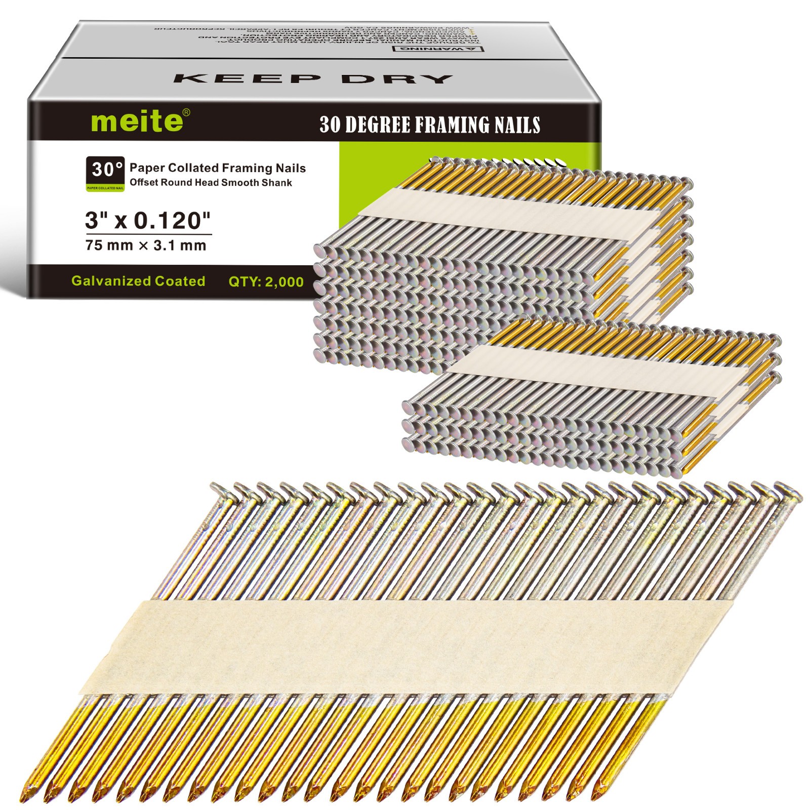 2000 Counts meite 30 Degree Framing Nails 3″ x 0.120″ Smooth Shank Galvanized