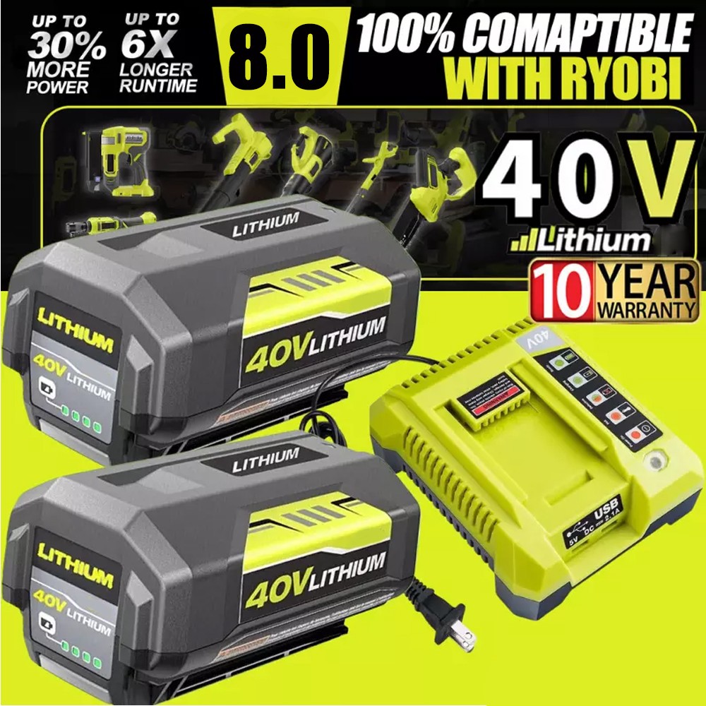 2X Battery & Charger For Ryobi 40V With LED Lithium-Ion 40-Volt OP406VNM OP40602
