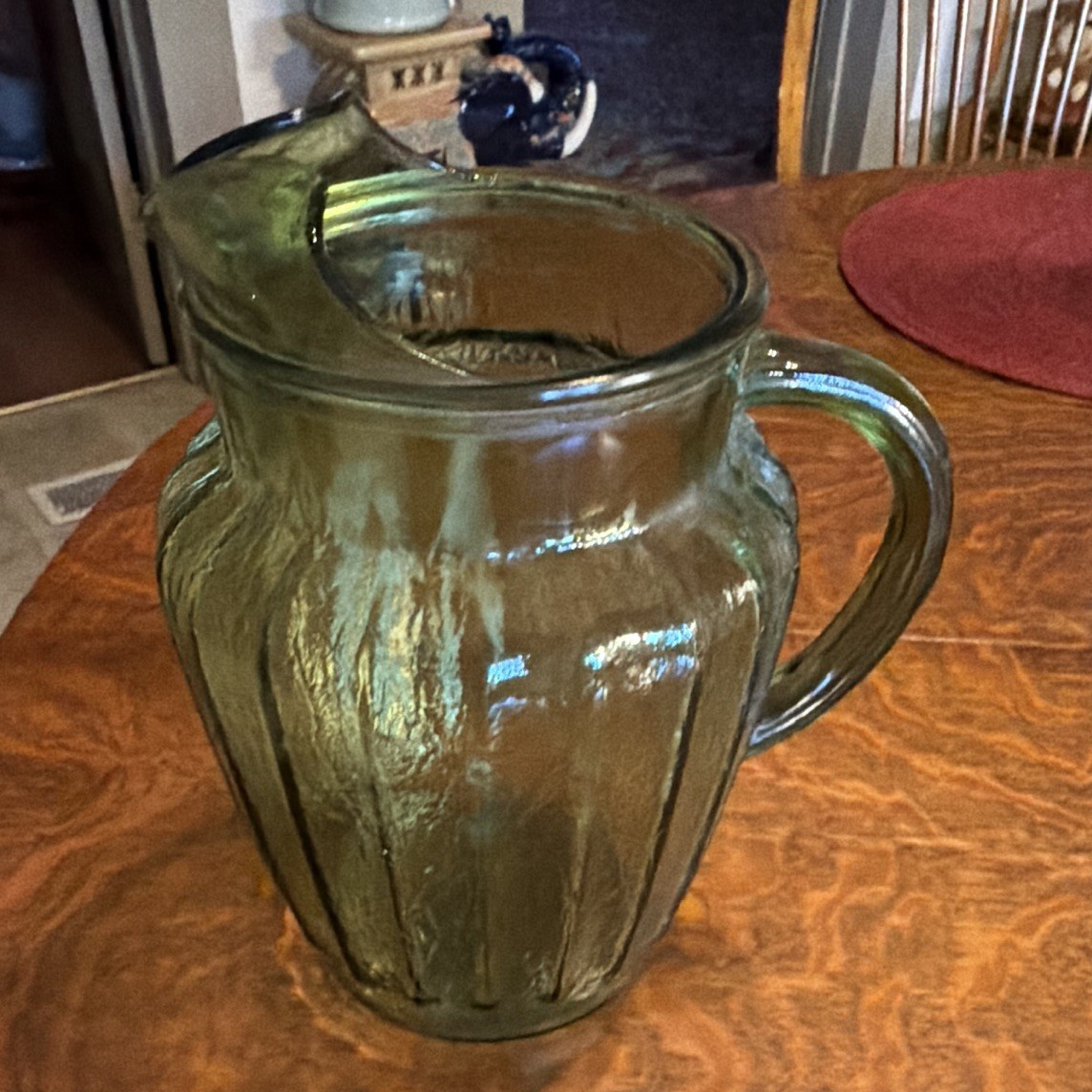 Green Glass Textured Handled Pitcher 2 qt Vintage Glossy Finish 8.5 in