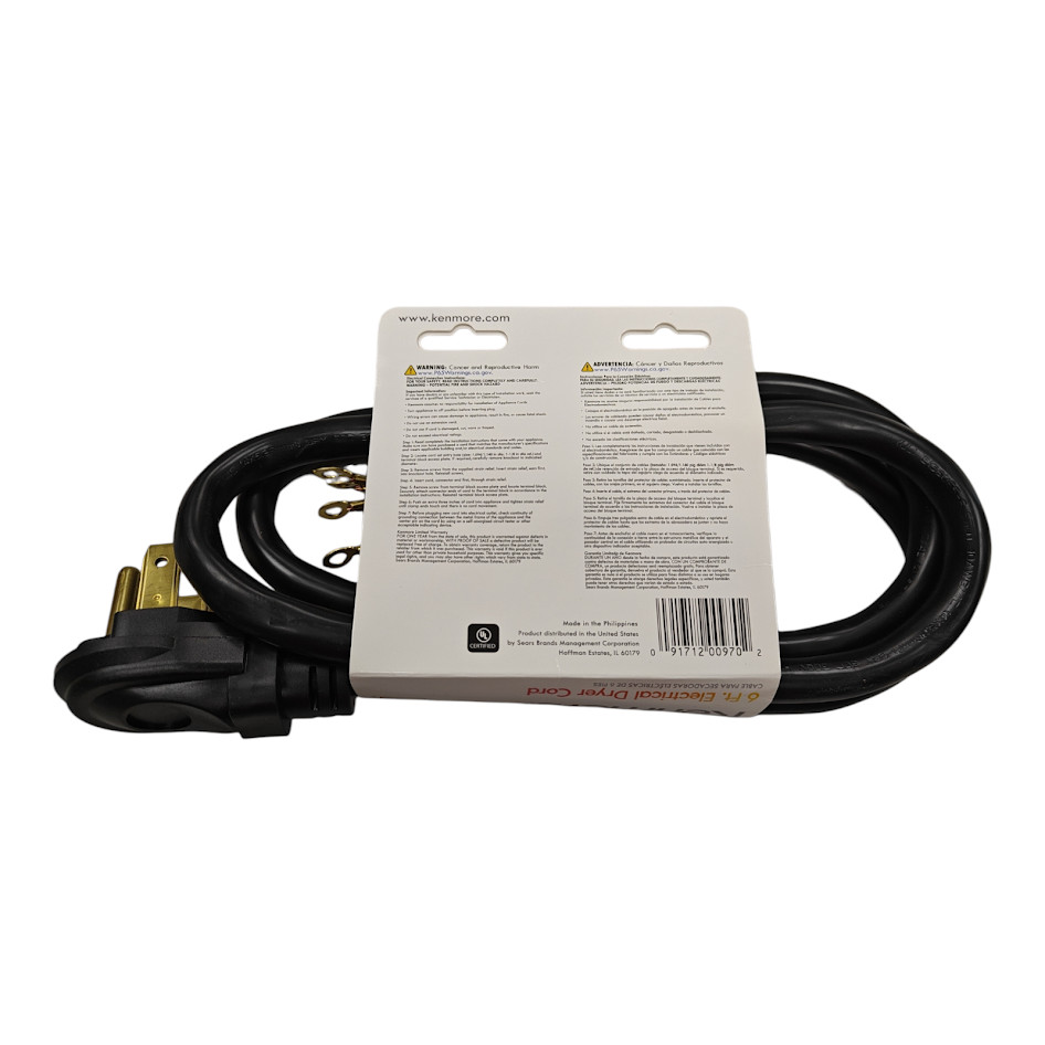 Kenmore 6 Ft. Electrical Dryer Cord 4 Prong Plug 30 AMP Heavy Duty 250V 57001