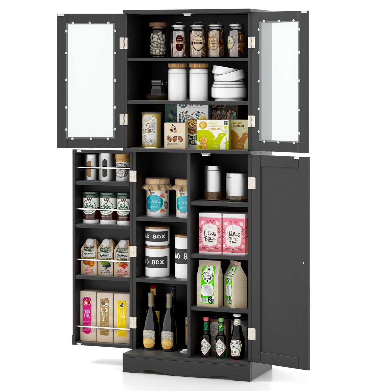 63.5″ Tall Kitchen Pantry Storage Cabinet w/ Glass Door Storage Shelves Black