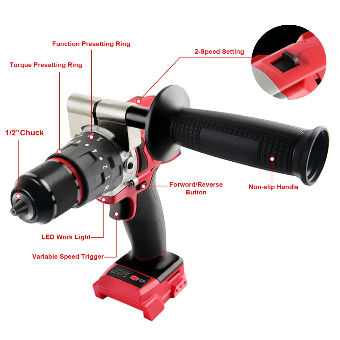 1/2″ Cordless Hammer Drill/Driver Brushless For Milwaukee 18V Battery 2-Speed