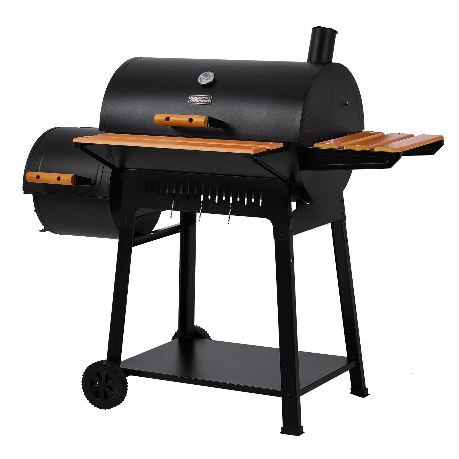 Royal Gourmet Charcoal Grill with Offset Smoker, Front & Side Shelves, Black