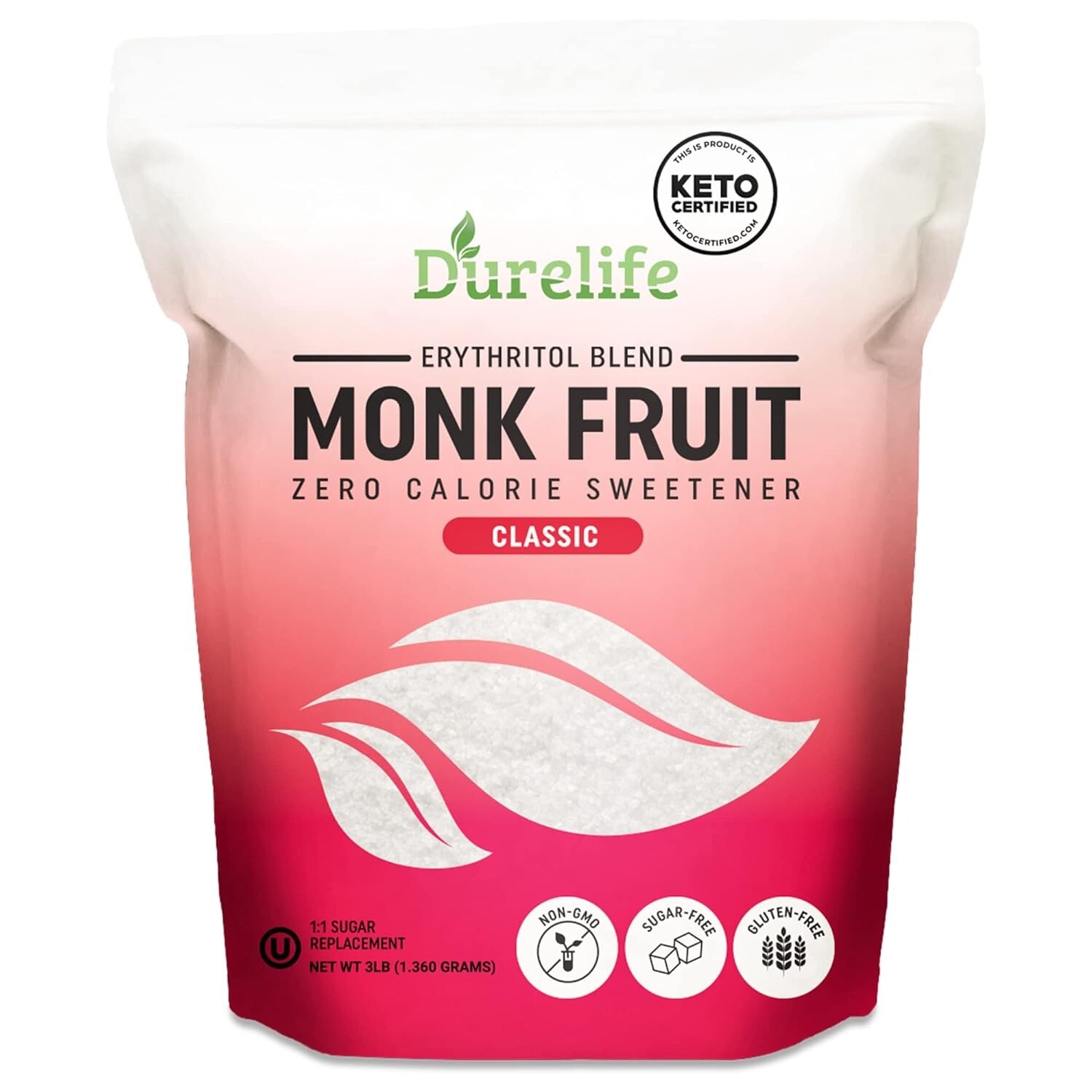 Durelife Monk Fruit Sweetener, White Sugar Substitute, Classic White – 3 lb