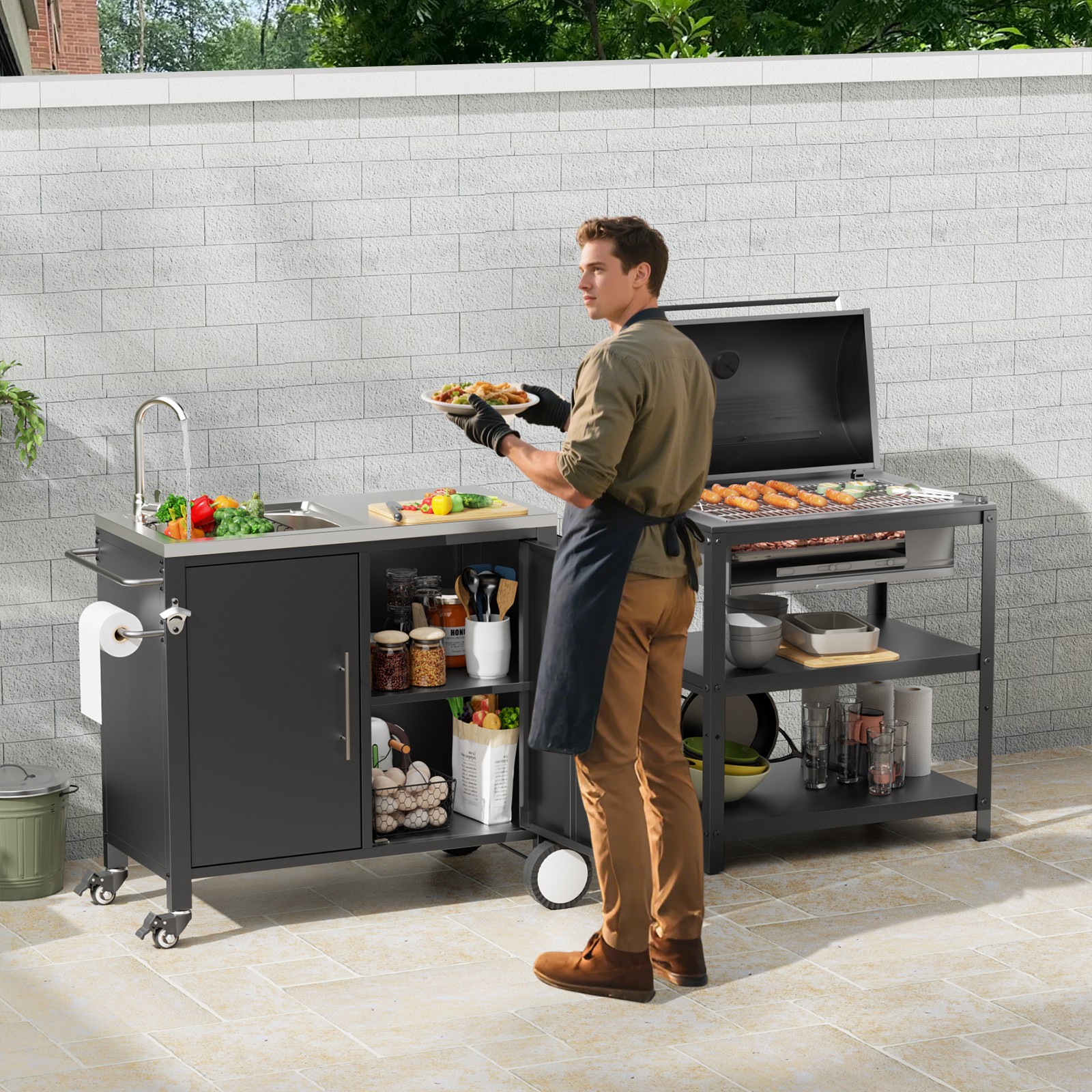 Outdoor Grill Cart Sink Station 304 Stainless Steel Cabinet Wheels 38x18x35in
