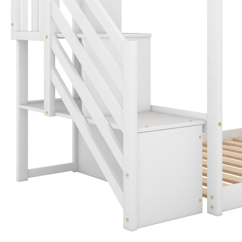 Stairway Wooden Bunk Bed w/ Slide Low Floor Bed for Kids Teens Adults,White/Gray