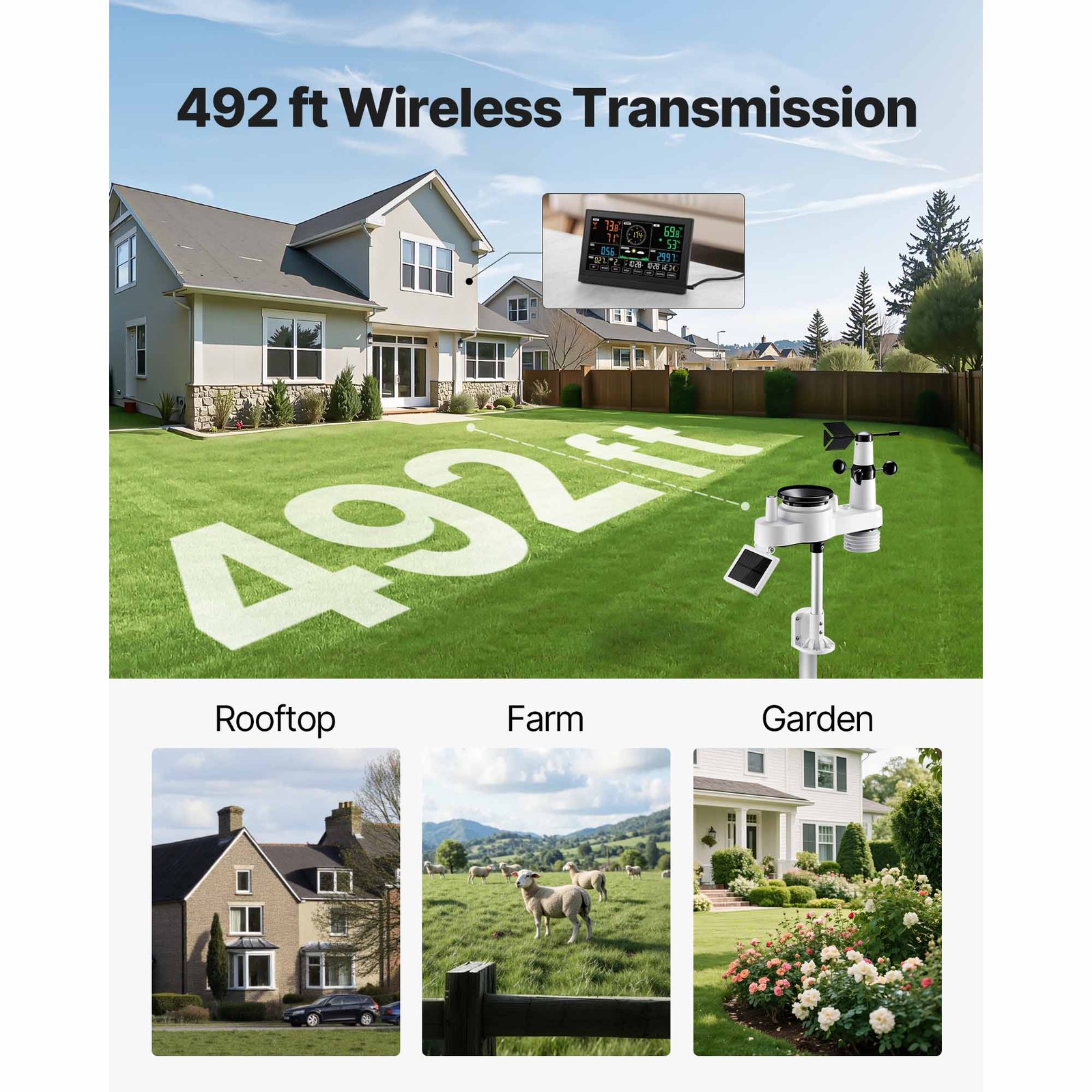 Uimoso 7-in-1 Wireless Weather Station 7.5” Display and Indoor-Outdoor Sensor