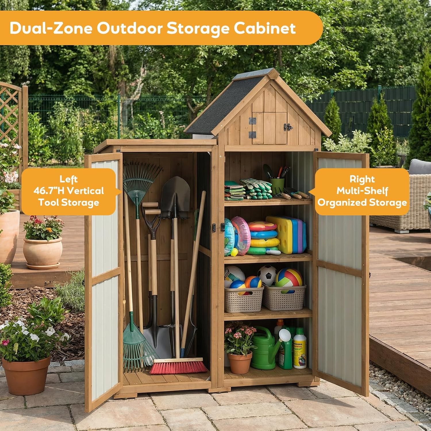 PETSCOSSET Outdoor Storage Cabinet Wood & Metal Garden Shed with Lockable Doors