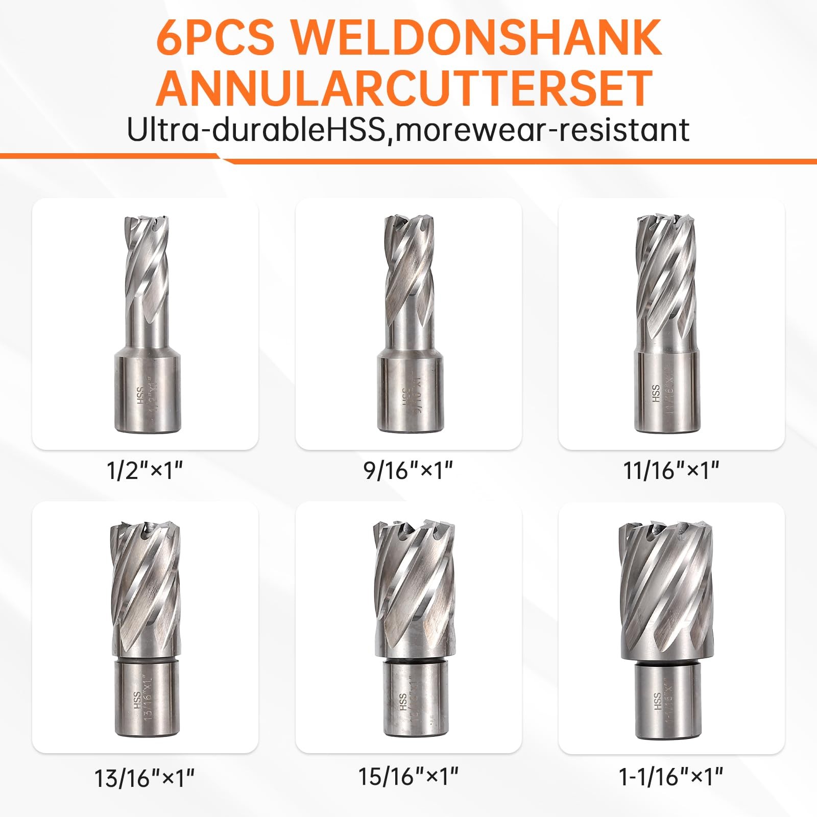 Annular Cutter Set,6/13 pcs Weldon Shank Mag Drill Bits,1/2″ to 1-1/16″ Cutting