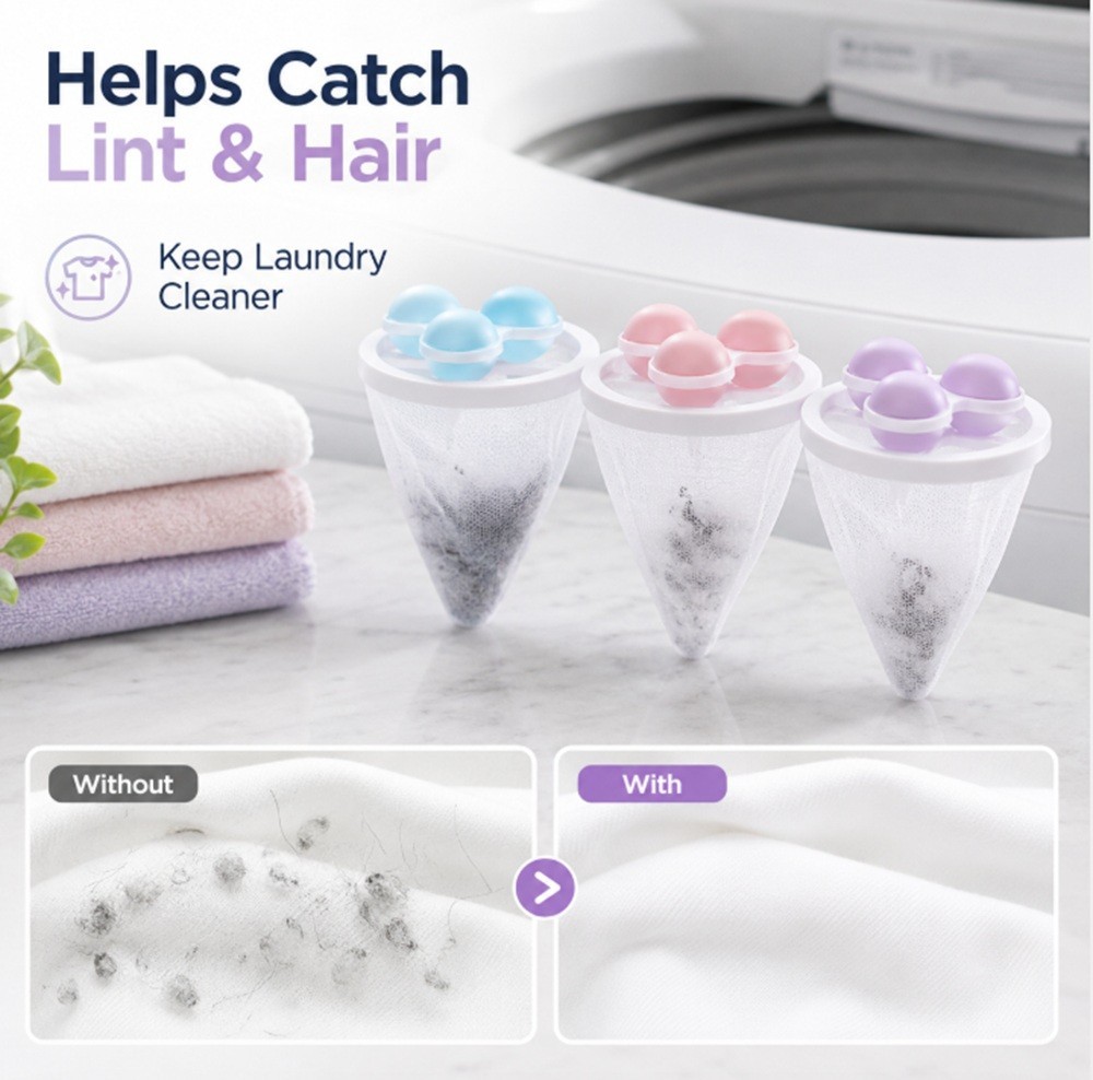 3 Reusable Laundry Lint Catcher & Pet Hair Remover Washing Machine Lint Mesh Bag