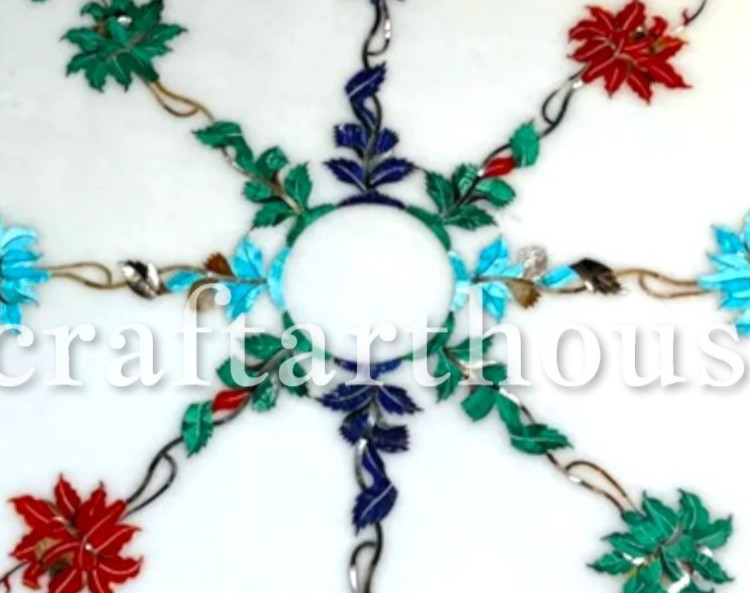 White Marble Inlay Coffee Tabletop Marquetry Modern Artwork with Precious Stone