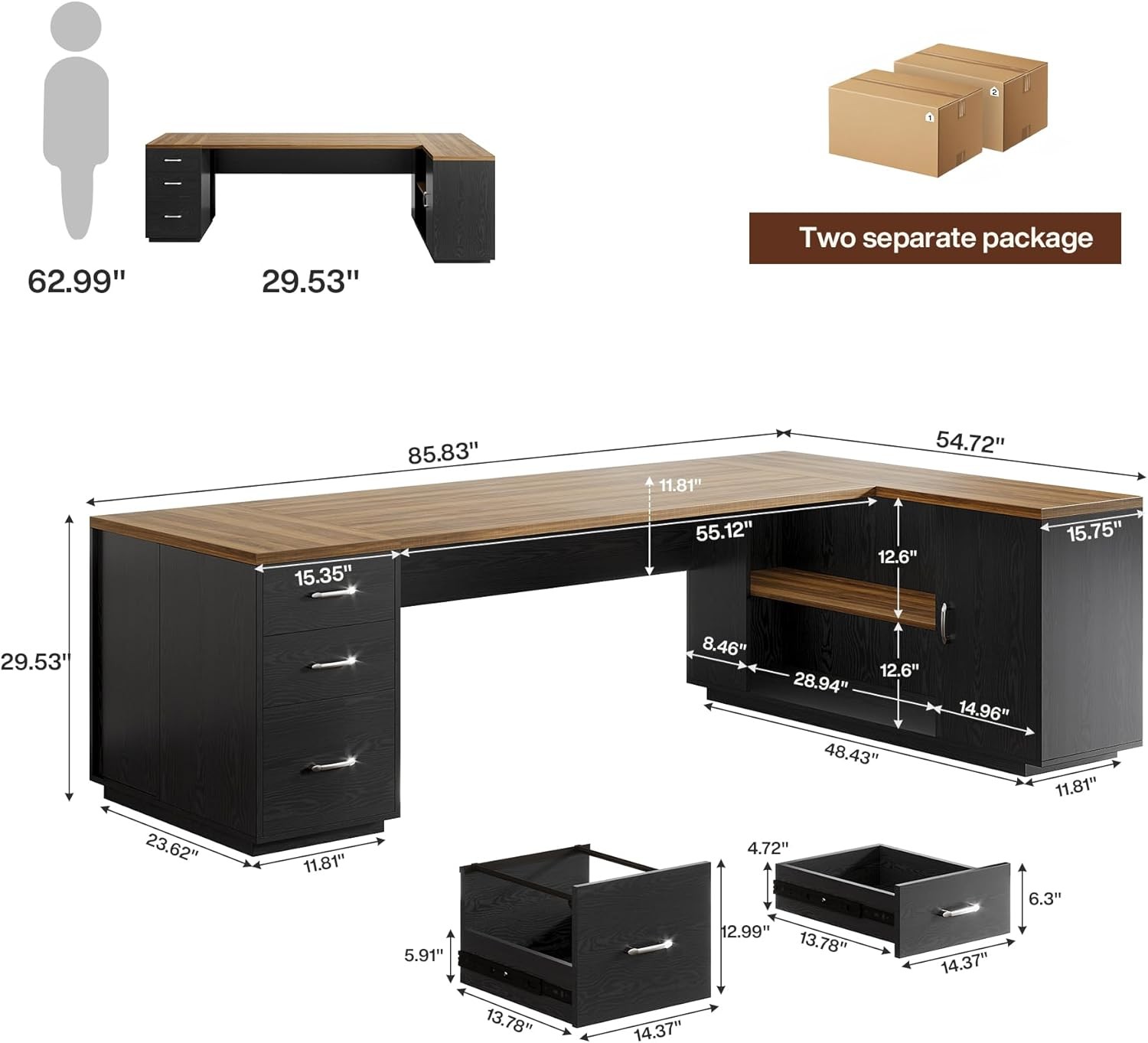 85.8-Inch L-Shaped Executive Desk, Large Office Computer Desk with File Drawers