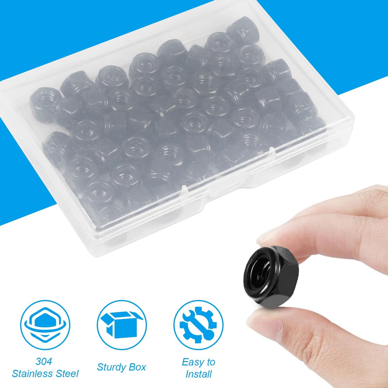 Yinpecly 50Pcs 1/4″-20 Nylon Insert Hex Lock Nuts 304 1/4″-20; 50pcs, Black