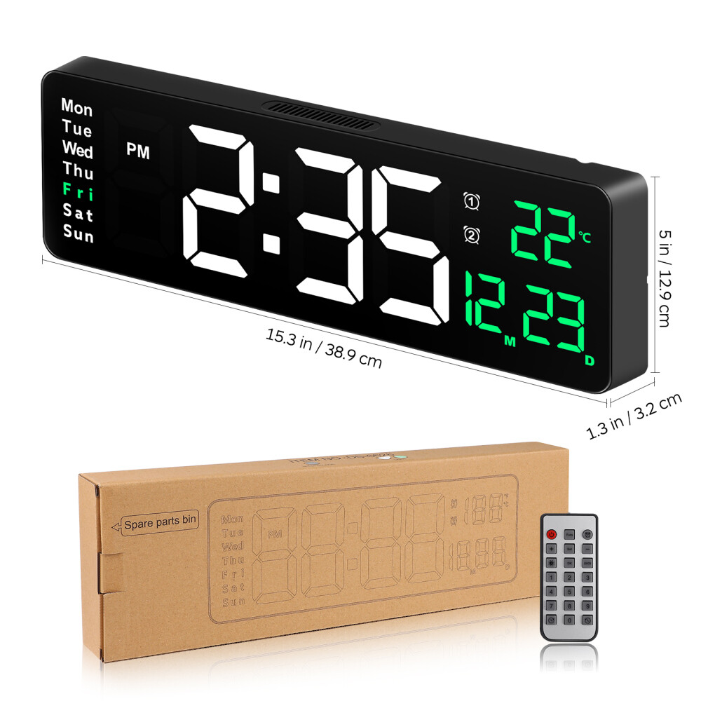 Large LED Digital Wall Clock Temperature Date Day Display USB Remote Control