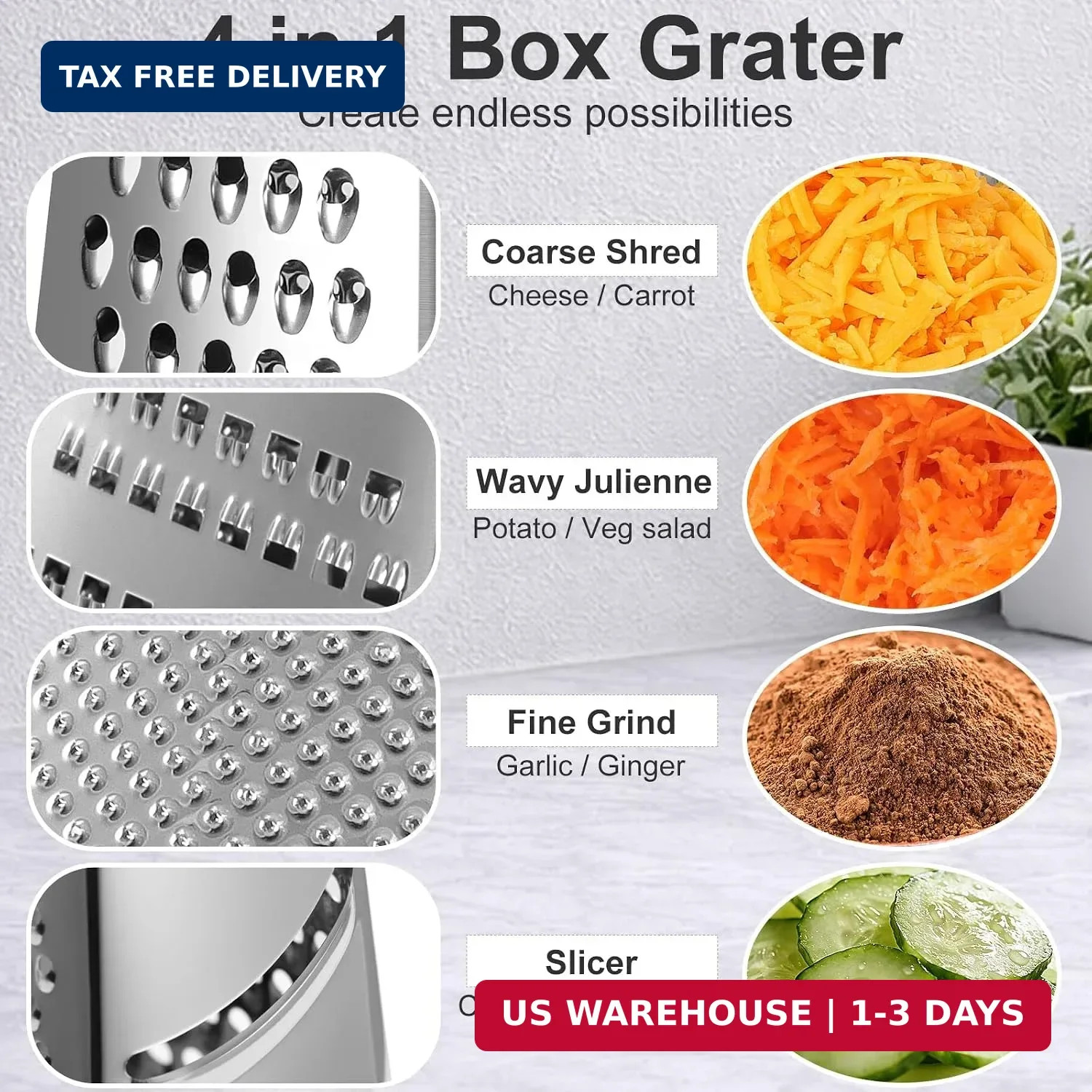 Ourokhome Cheese Grater, Handheld Box Grater with Container & Lid, 4-Sided Stain