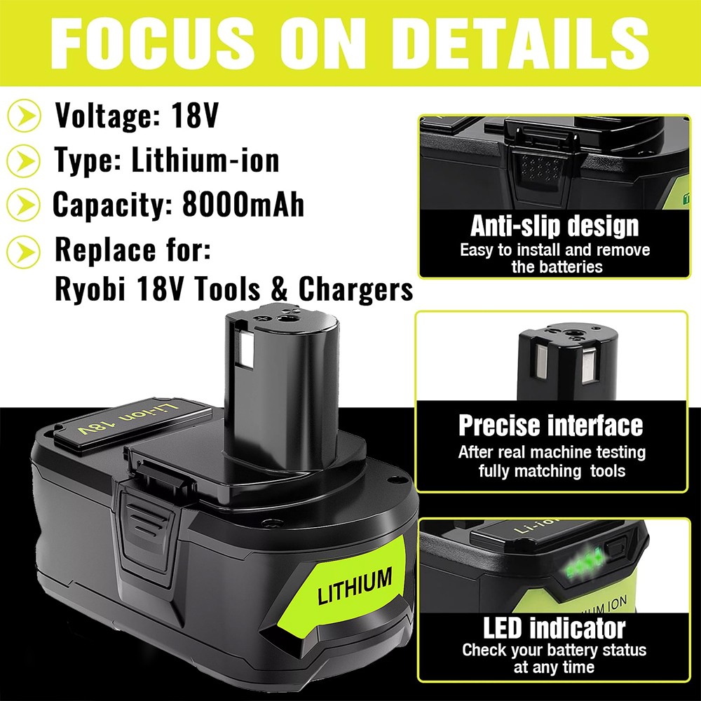 2PACK For RYOBI 18V 8Ah P108 High Capacity Battery 18 Volt Lithium-Ion One Plus