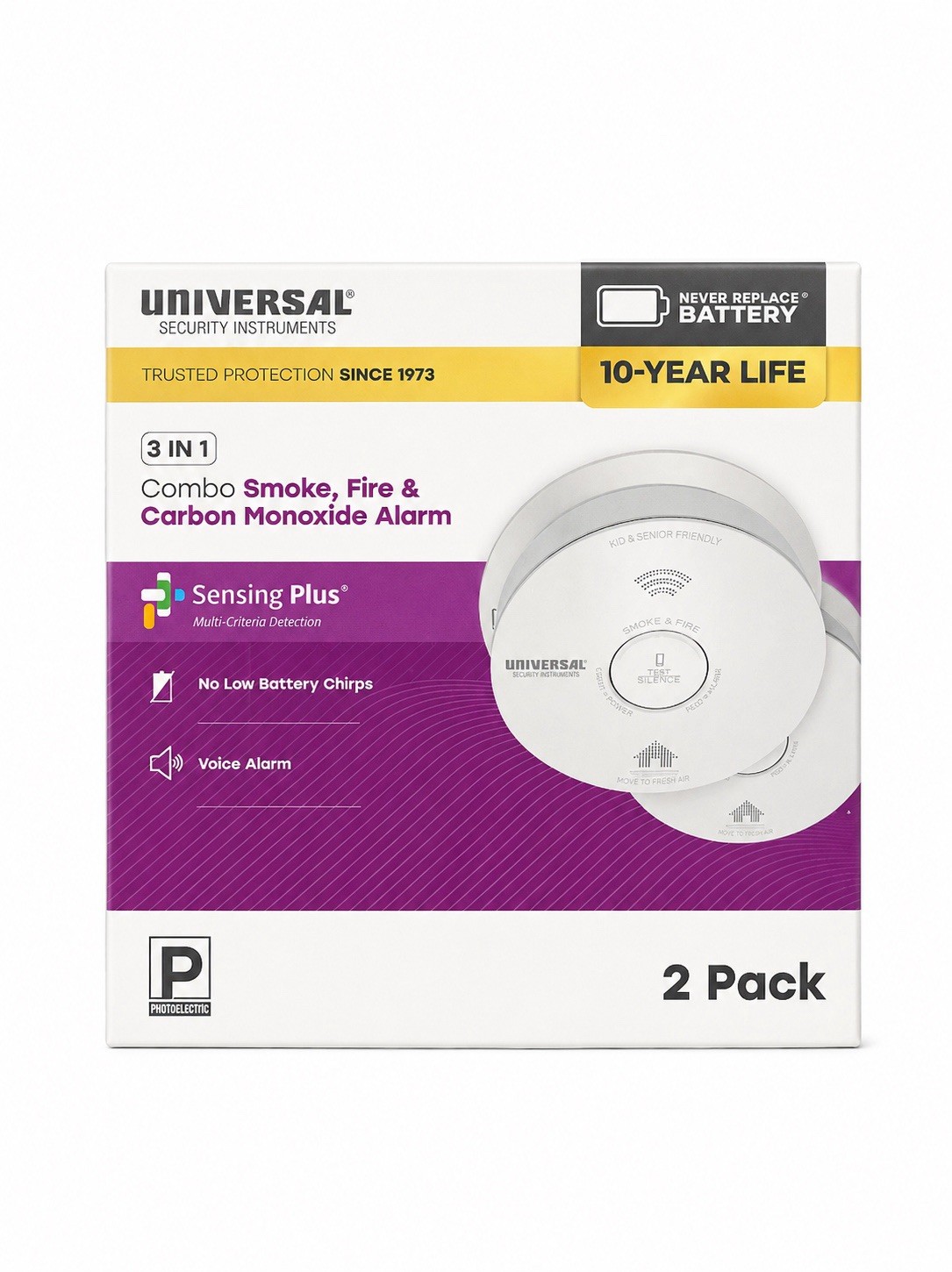 2-PACK Universal Security Instruments 3-in-1 Smoke, Fire & Carbon Monoxide Alarm
