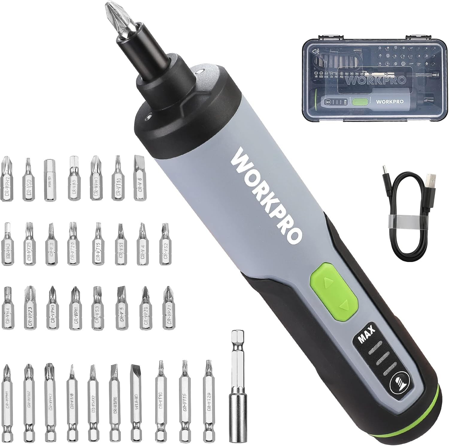 WORKPRO 4V Electric Cordless Screwdriver Set Rechargeable w/35 Bit Extension Rod