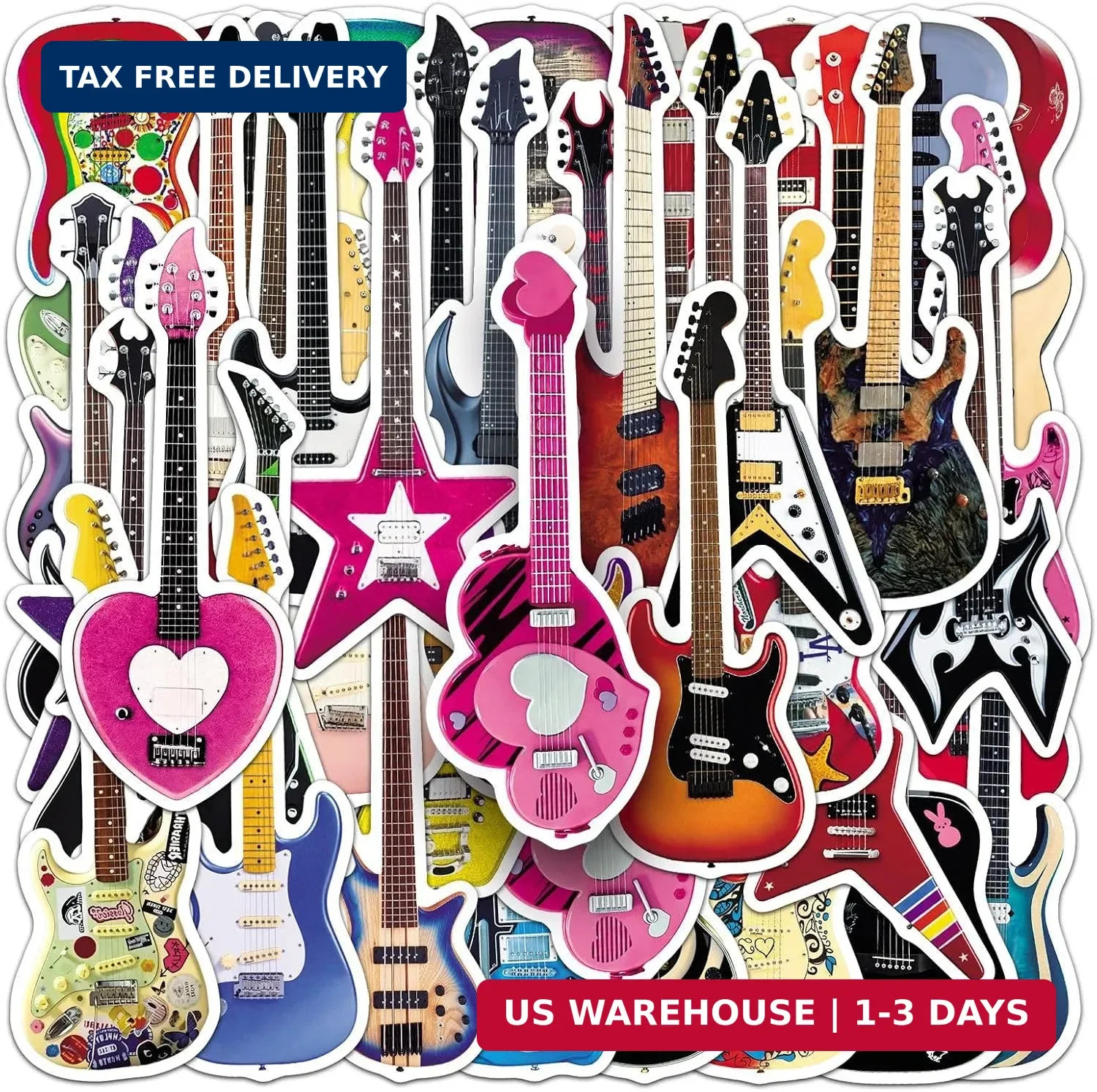 50Pcs Guitar Stickers, Cool Electric Guitar Bass Stickers for Kids Teens Adults,