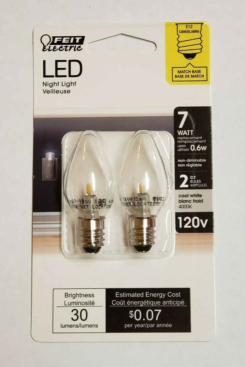 1W Clear White LED E-12 Base Night Light Bulbs 2-Pack Feit Electric New BPC7CJW