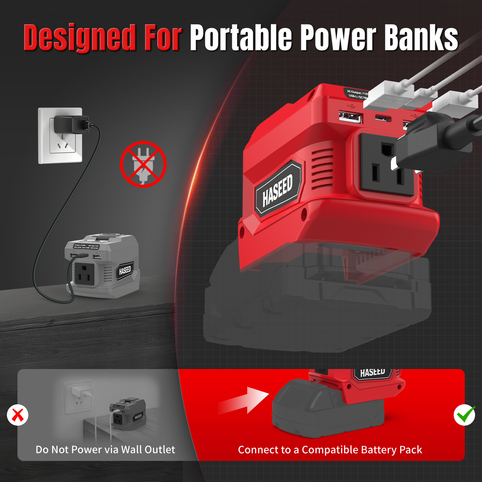 2-Pack Power Inverter for Milwaukee 18V Battery 200W AC USB C LED Light 110V Out