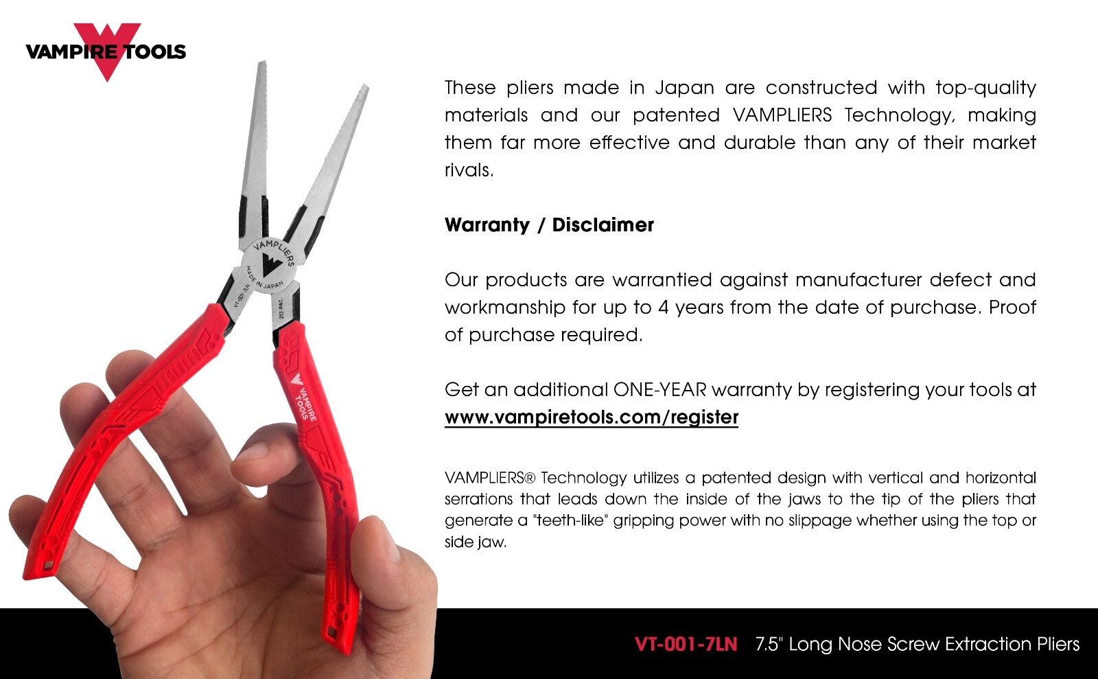 VAMPLIERS 7.5″ Screw Extractor Long Nose Pliers Made in Japan High Carbon Steel
