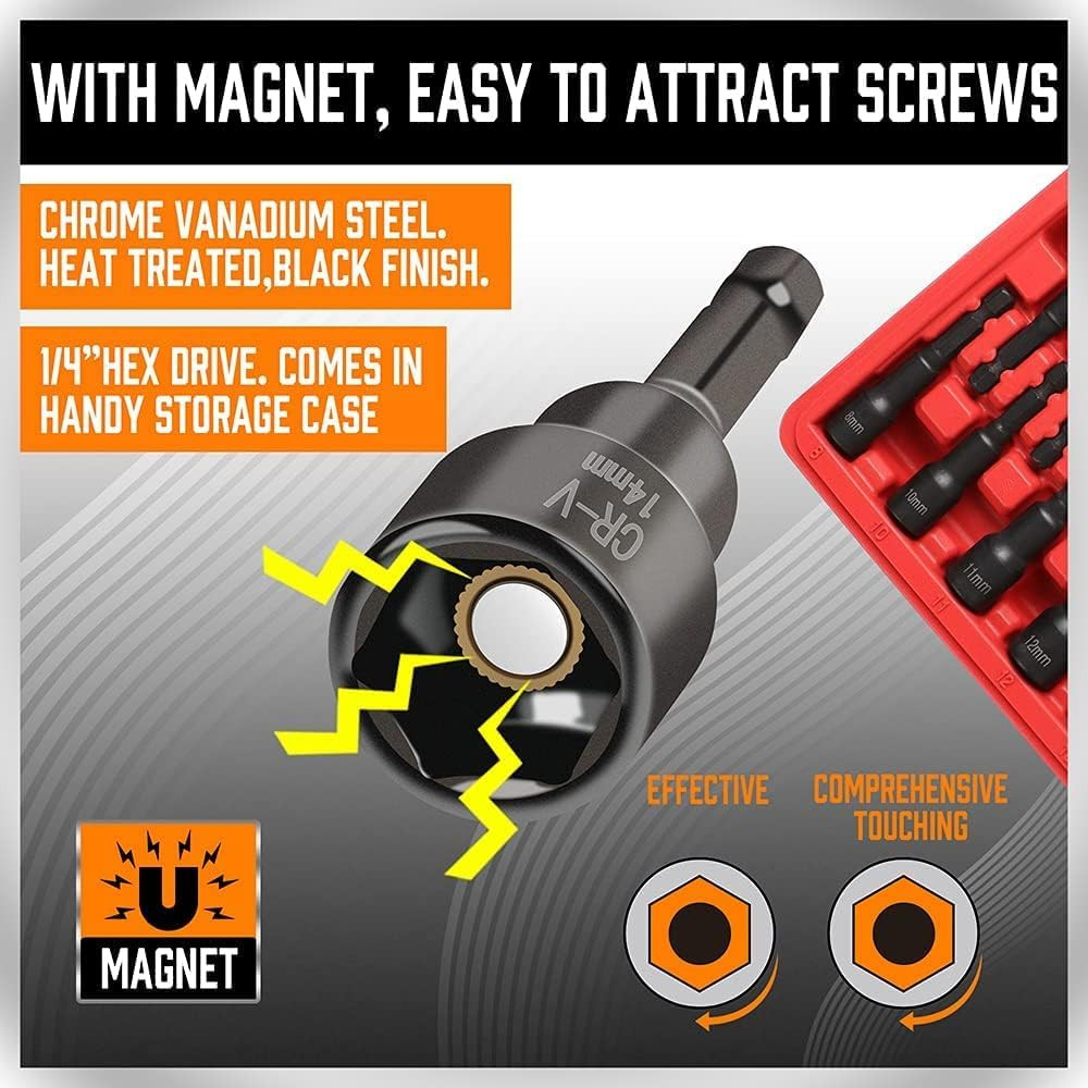 12PC Magnetic Nut Driver Set SAE Metric Impact Drill Bit 1/4 Quick Change