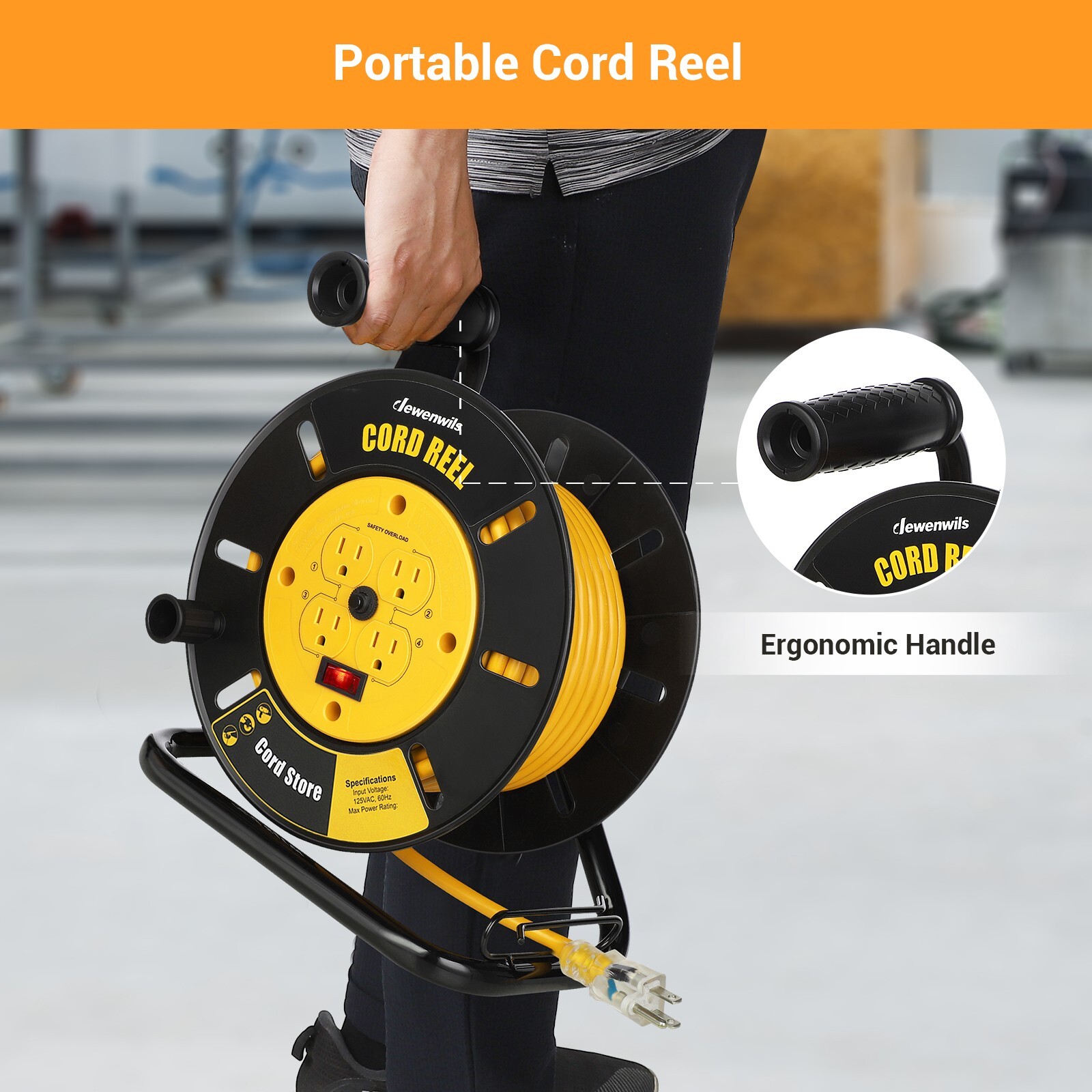 DEWENWILS Electrical Cord Extension Storage Reel with 4 Outlets Integrated Cord