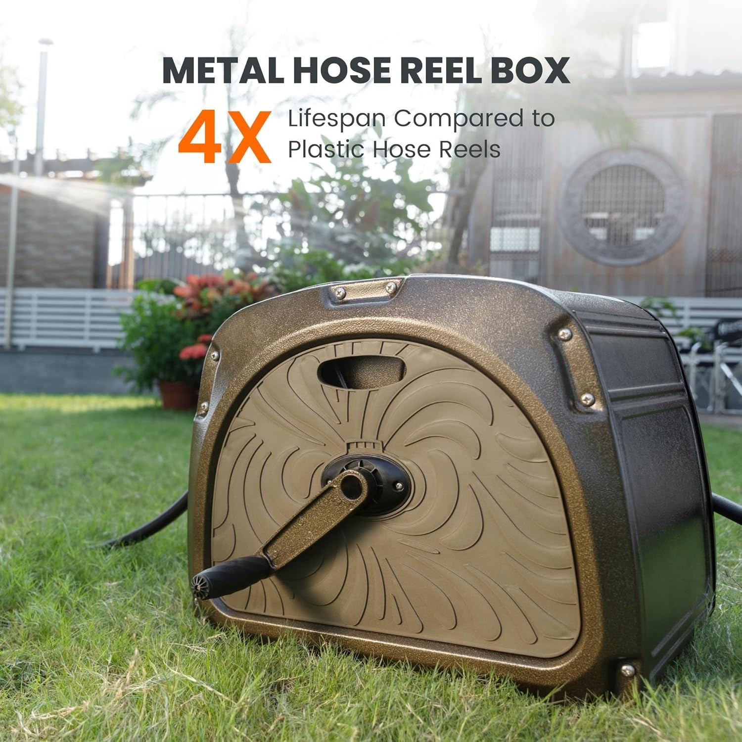 Giraffe Tools Metal Garden Hose Reel Box Heavy Duty Reel Hose Hideaway Storage