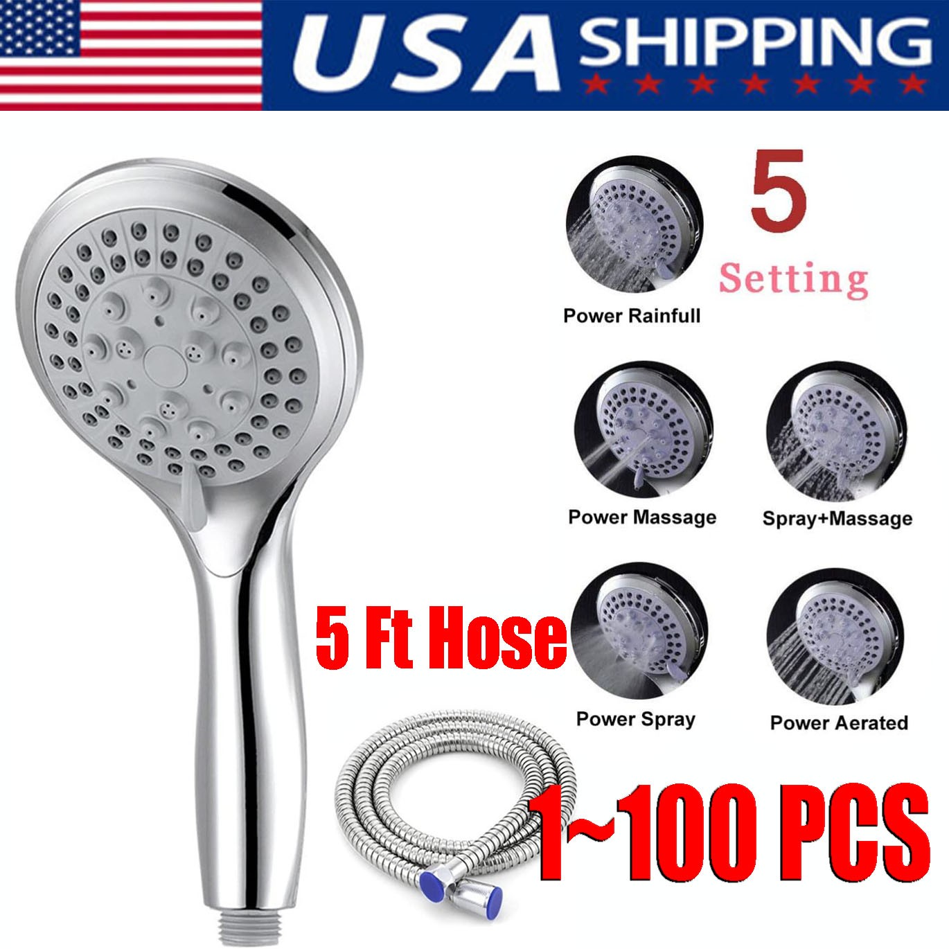 High Pressure Shower Head 5 Settings Handheld Shower Heads Spray With 5 FT Hose