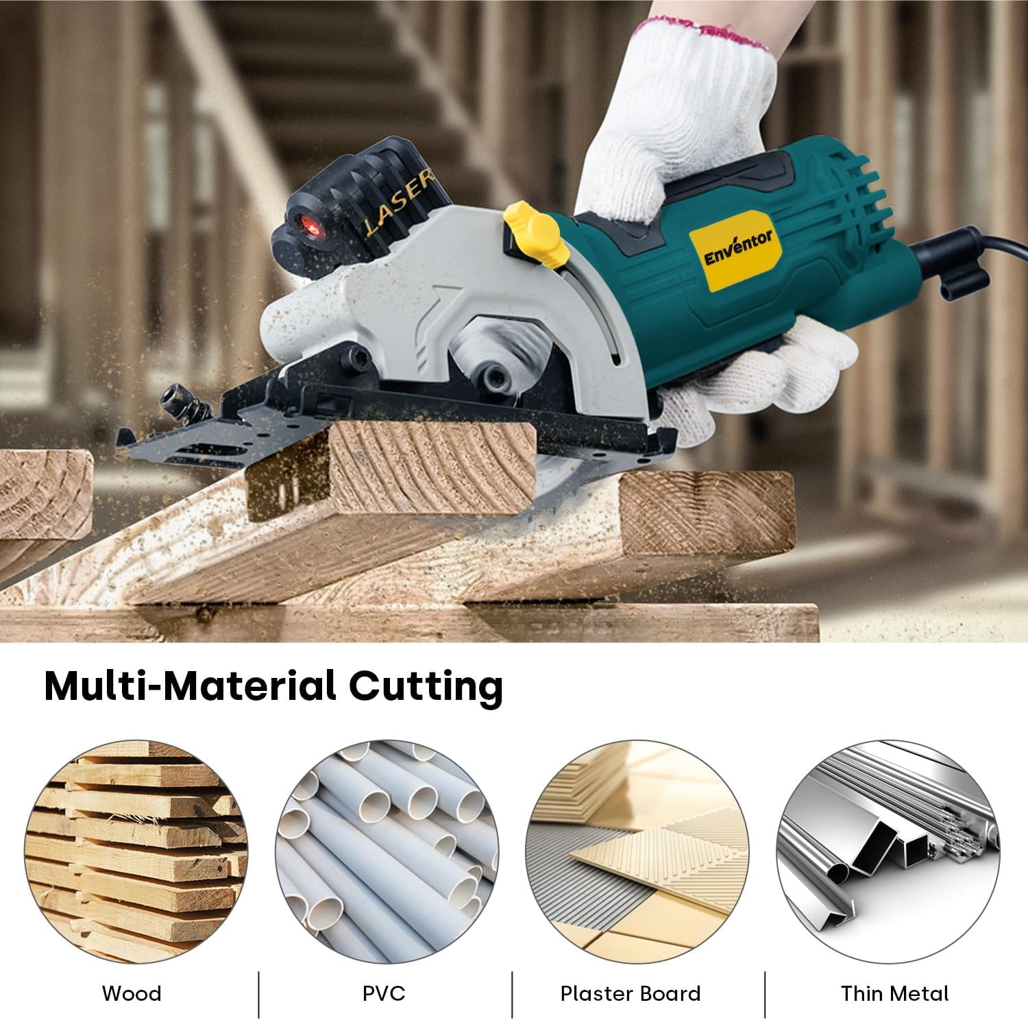 Compact Mini Circular Saw with Laser Guide, 4.8A, 3 Blades, 4000RPM
