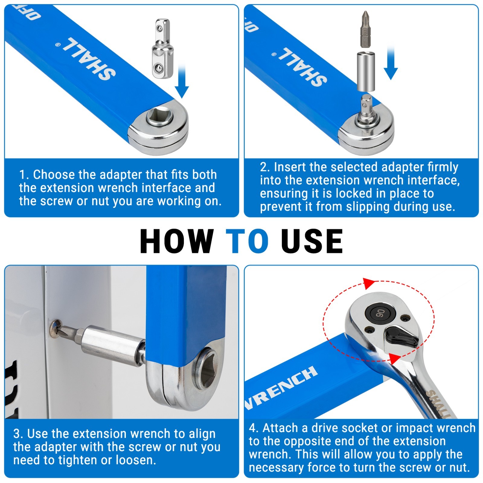 SHALL Offset Extension Wrench, 15.4″,with 1/2″,1/4″ ,3/8″ Square Drive adapters