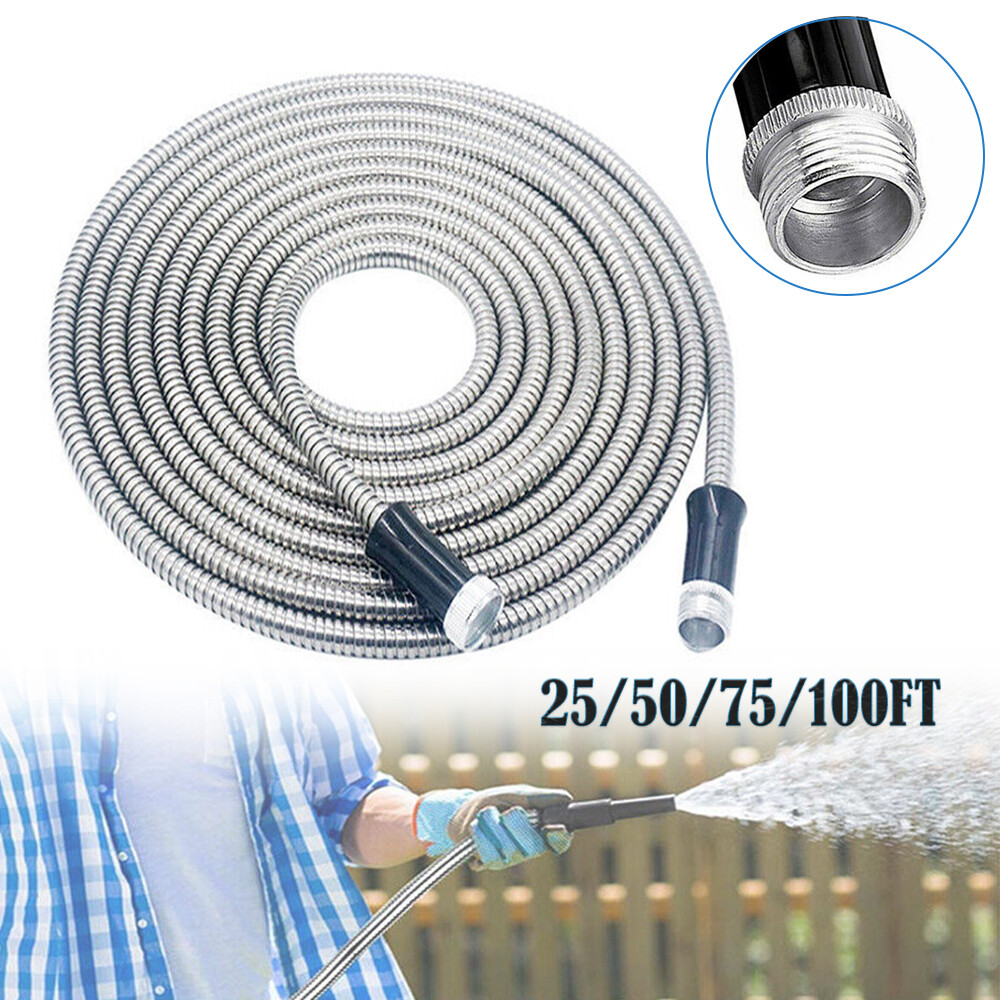 25/50/75/100FT 304 Stainless Steel Water Hose Pipe Metal Garden Pipe Connector